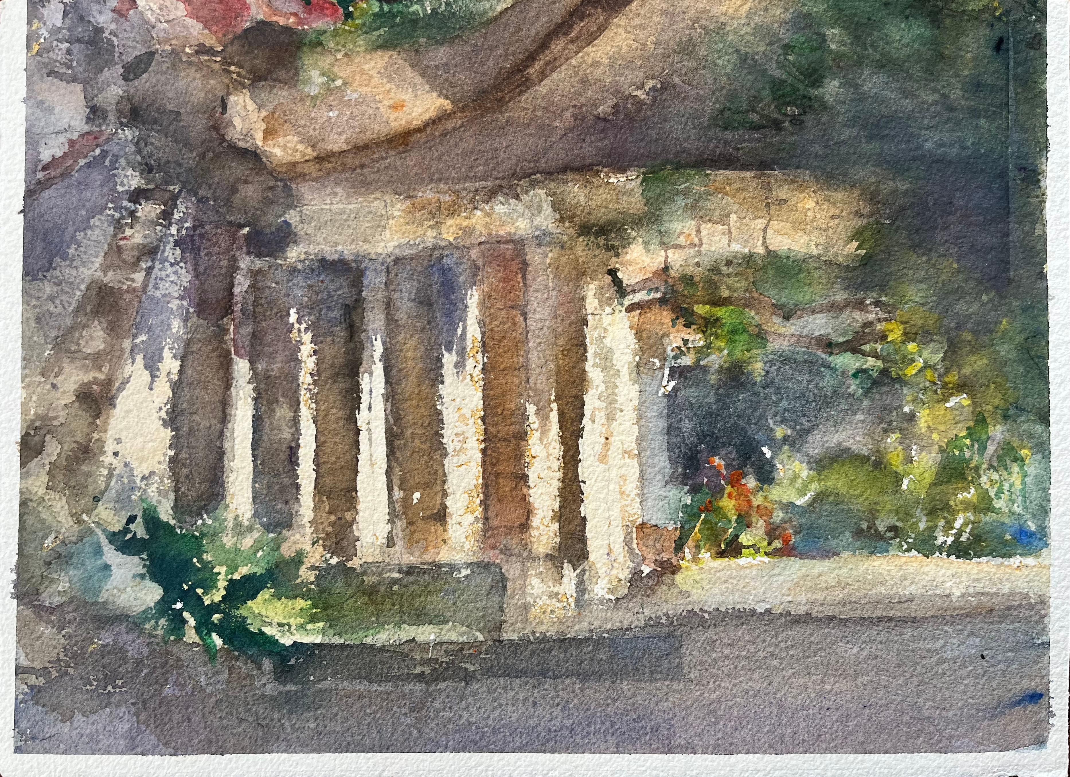 British Watercolor Architectural Detail with Stone Columns and Greenery