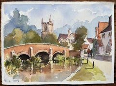 British Watercolor Landscape with Church, Bridge, and Village Scene
