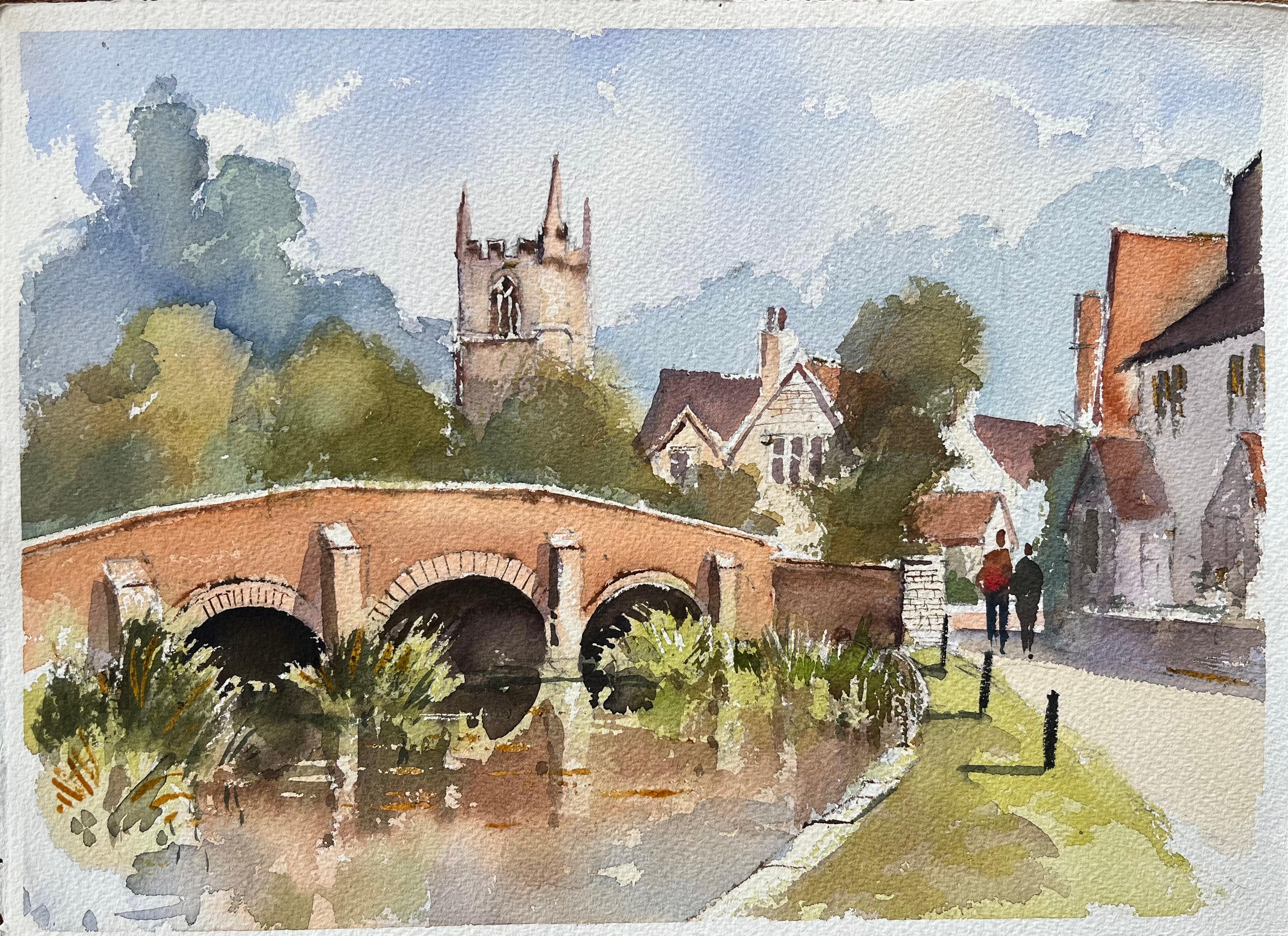 Britische Aquarelllandschaft mit Kirche, Brücke und Dorfszene aus Großbritannien
