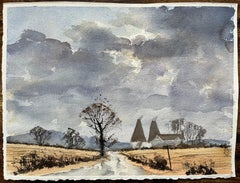 British Watercolor Landscape with Oast Houses and Moody Sky