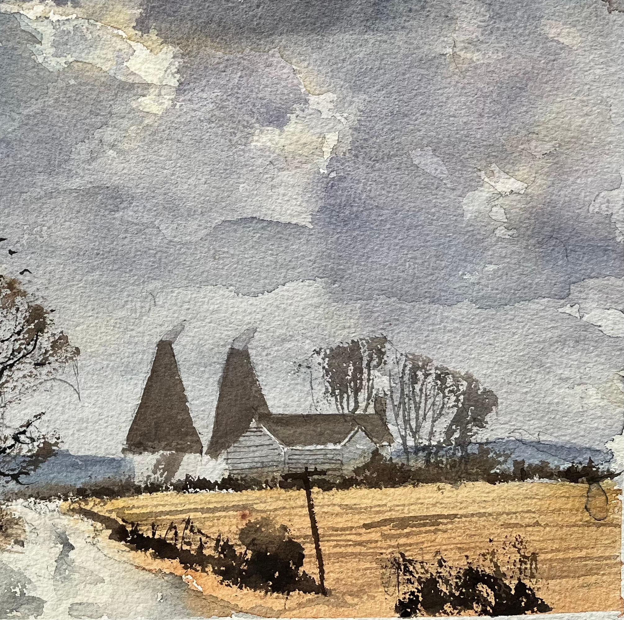 Britische Aquarelllandschaft mit östlichen Häusern und dunklem Himmel (Impressionismus), Painting, von Anthony Avery
