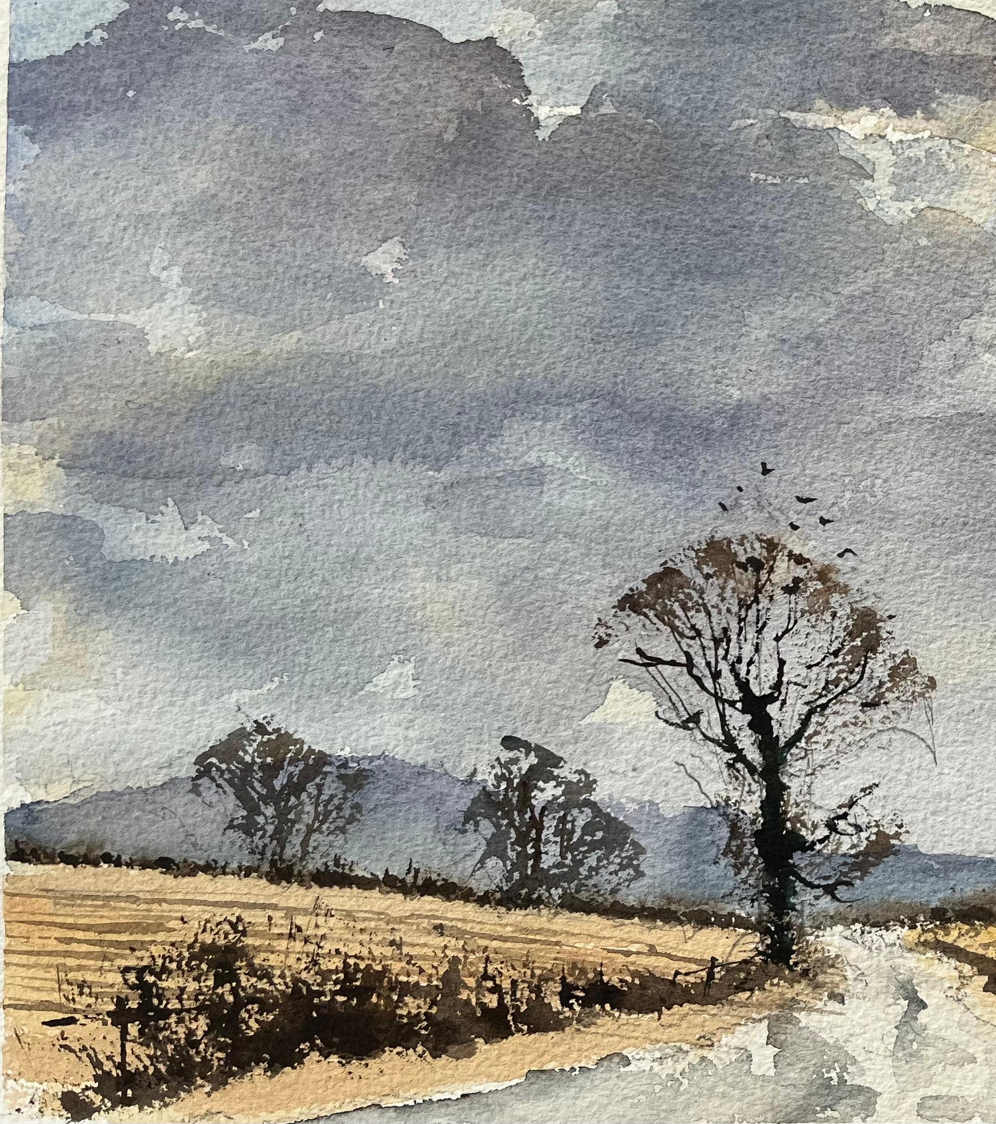 Britische Aquarelllandschaft mit östlichen Häusern und dunklem Himmel (Grau), Landscape Painting, von Anthony Avery