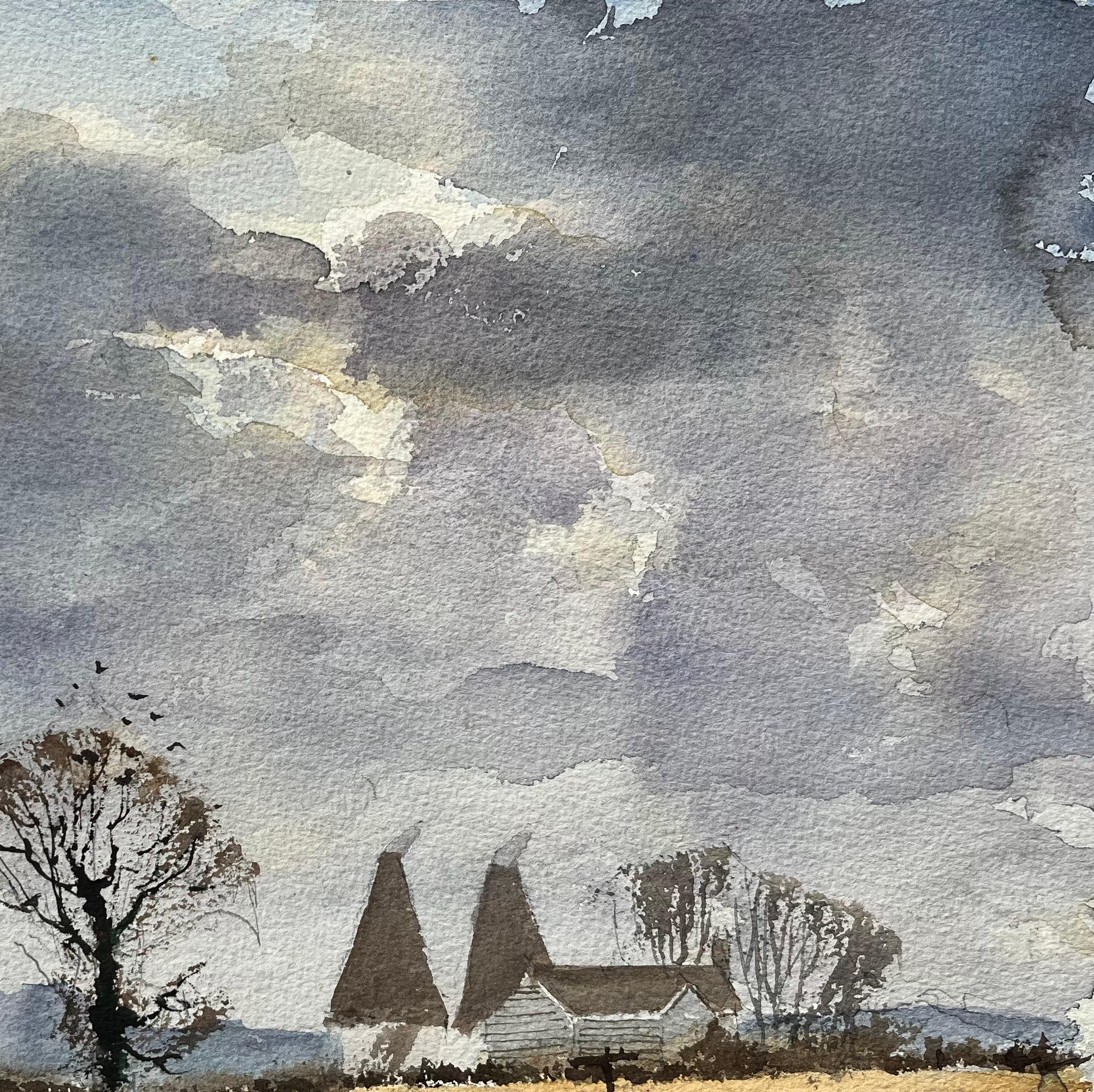 Britische Aquarelllandschaft mit östlichen Häusern und dunklem Himmel im Angebot 1