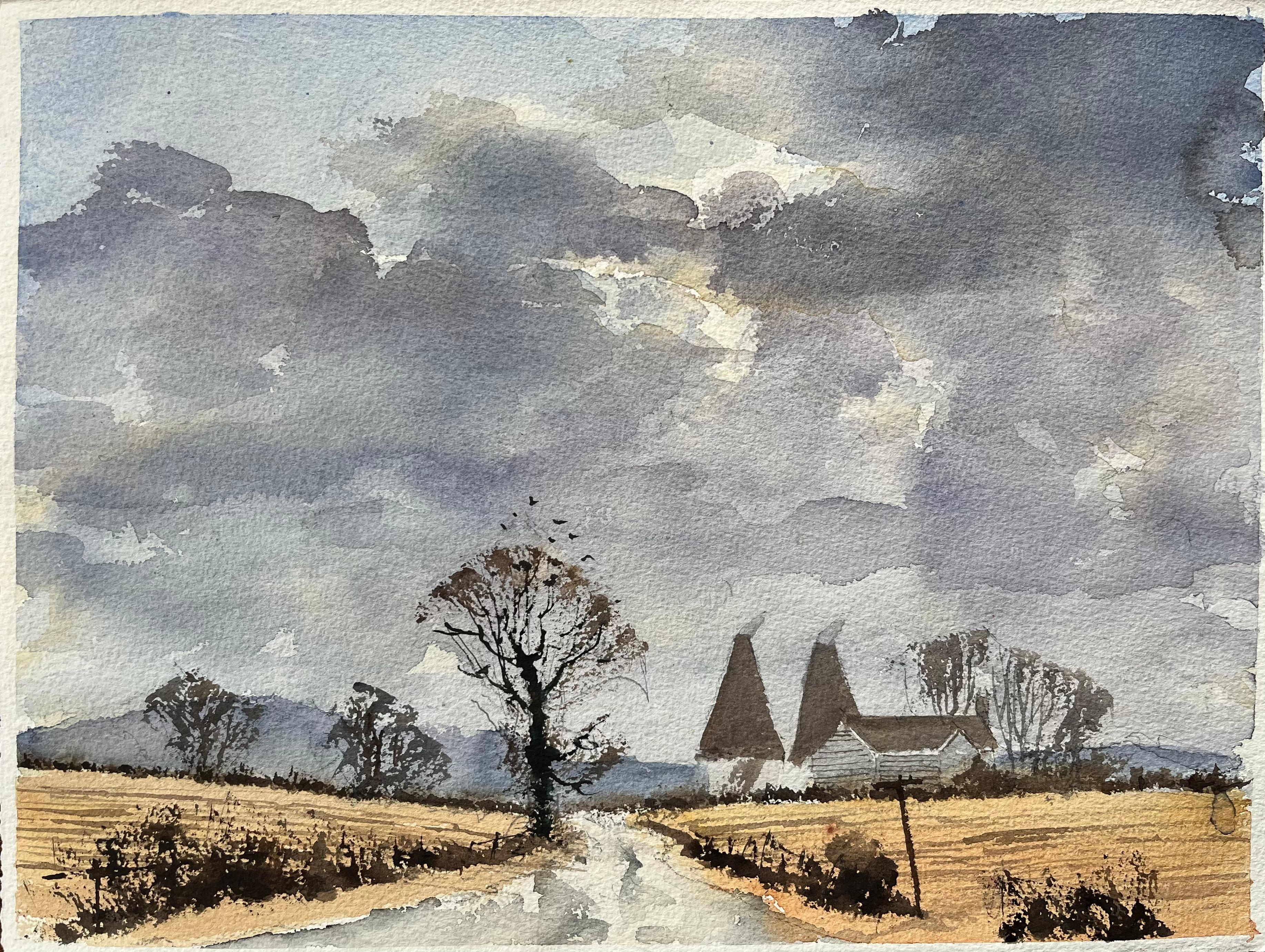 British Watercolor Landscape with Oast Houses and Moody Sky