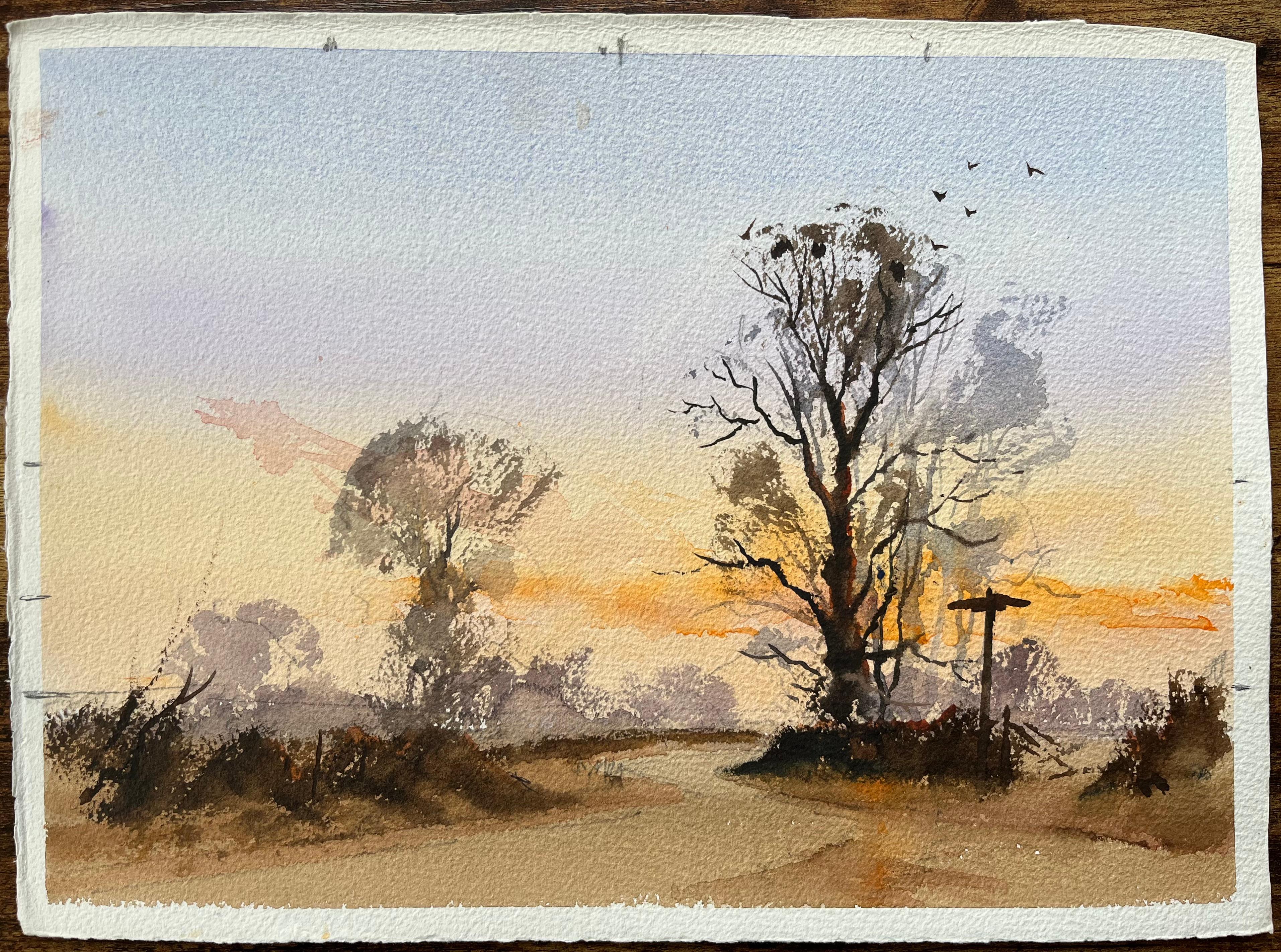 Paesaggio britannico ad acquerello con Silhouette di alberi al tramonto - Painting di Anthony Avery