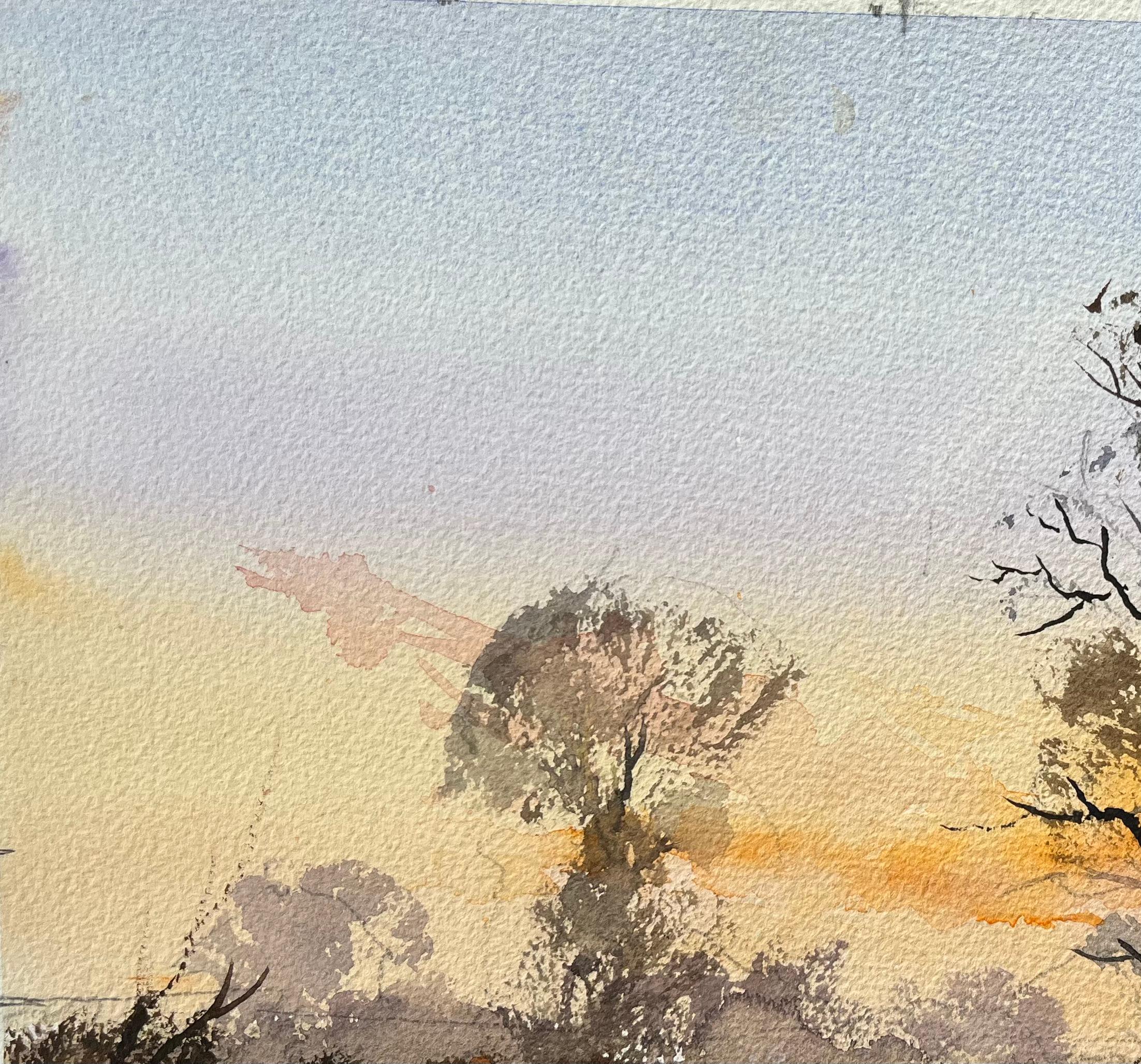 Paesaggio britannico ad acquerello con Silhouette di alberi al tramonto in vendita 1
