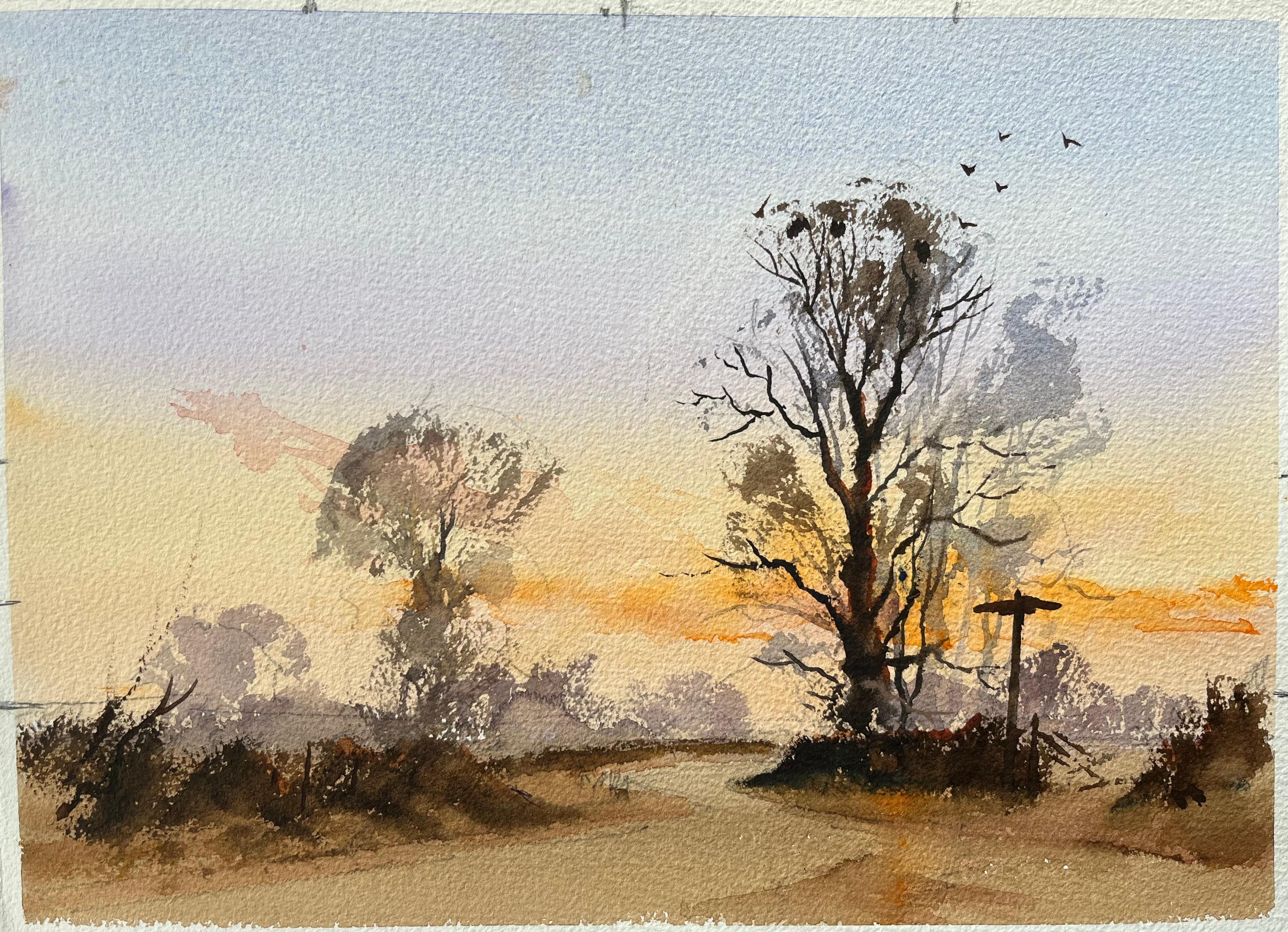 Landscape Painting di Anthony Avery - Paesaggio britannico ad acquerello con Silhouette di alberi al tramonto