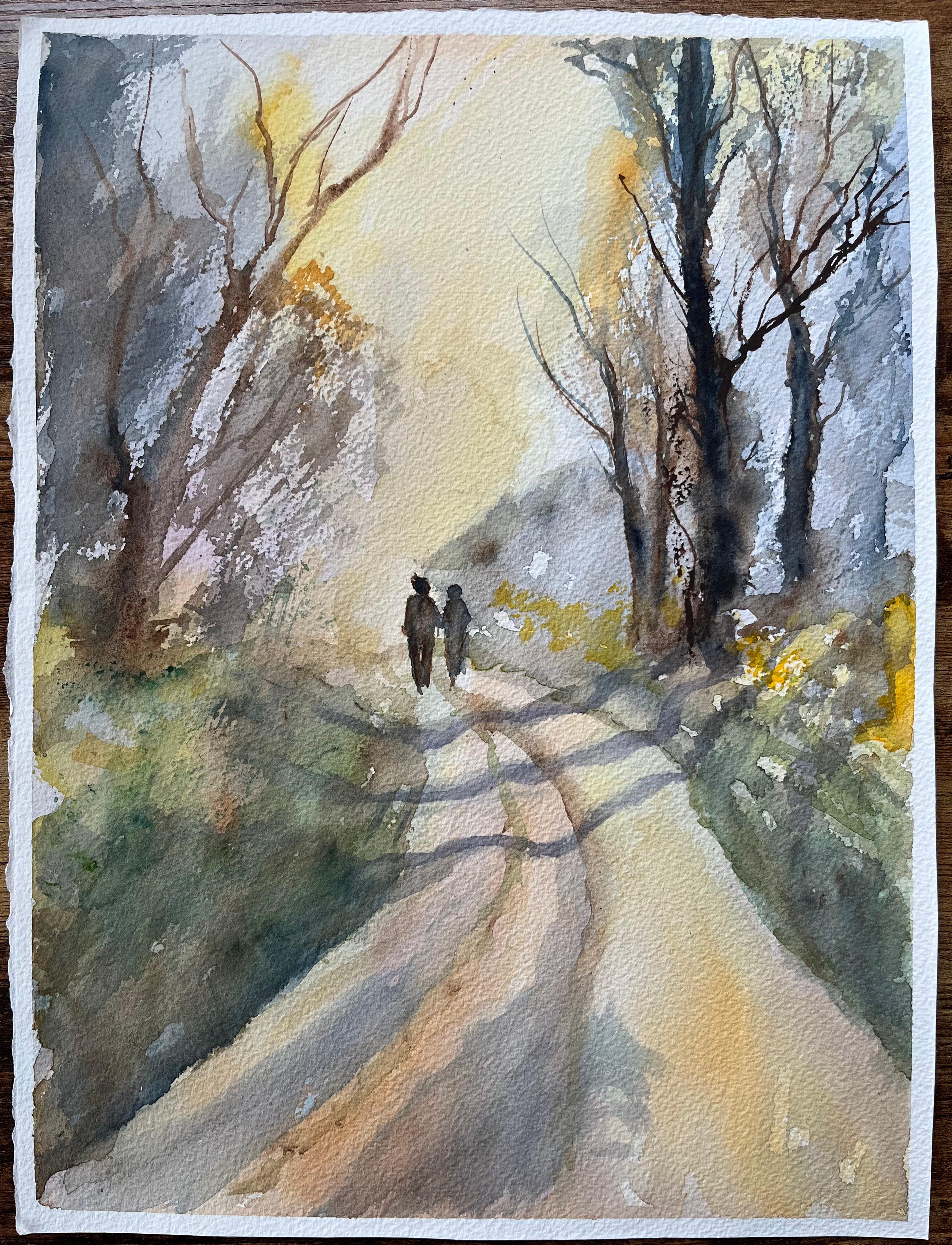 British Watercolor Landscape with Two Figures on a Country Path at Sunrise - Painting by Anthony Avery