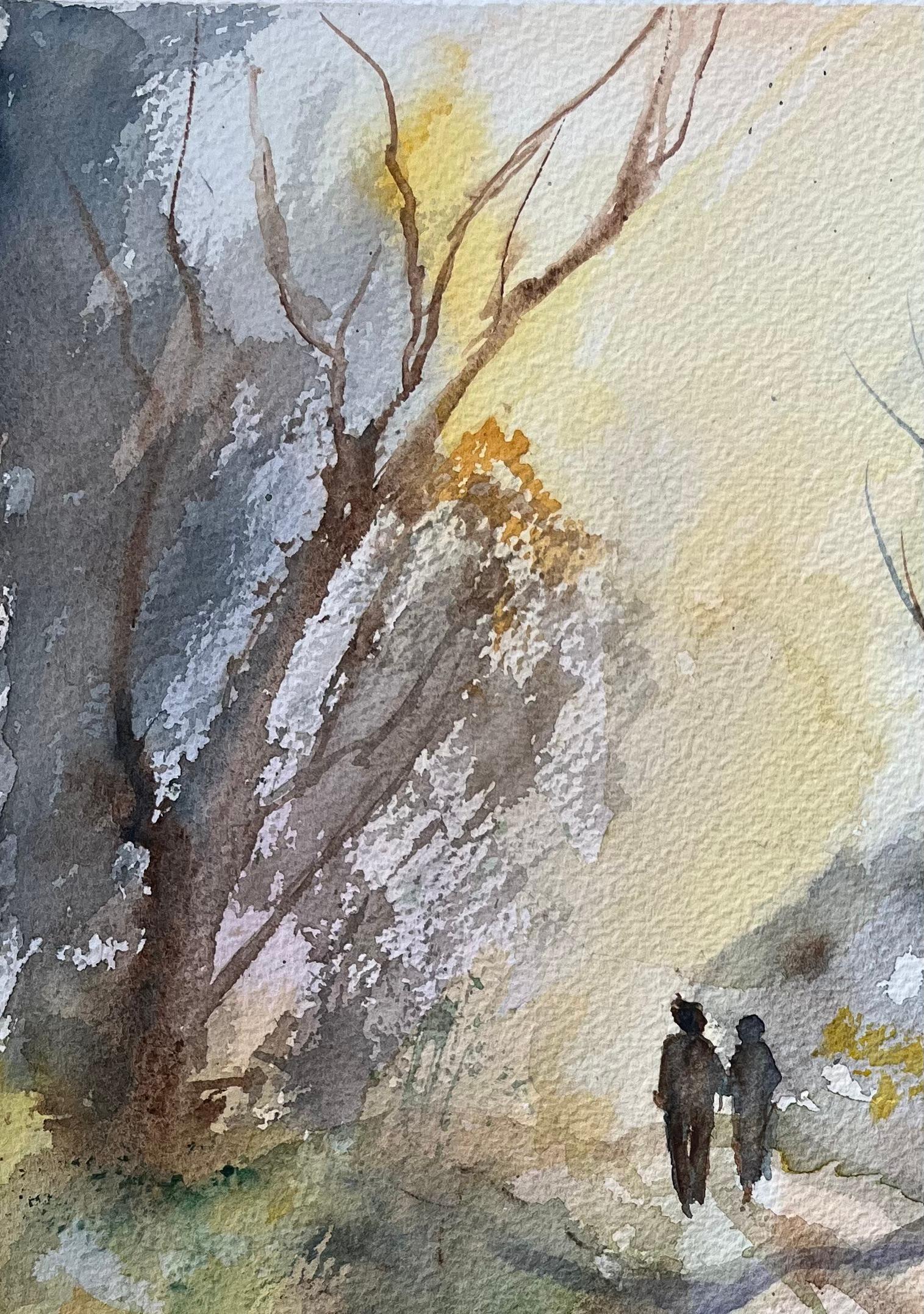 British Watercolor Landscape with Two Figures on a Country Path at Sunrise - Impressionist Painting by Anthony Avery