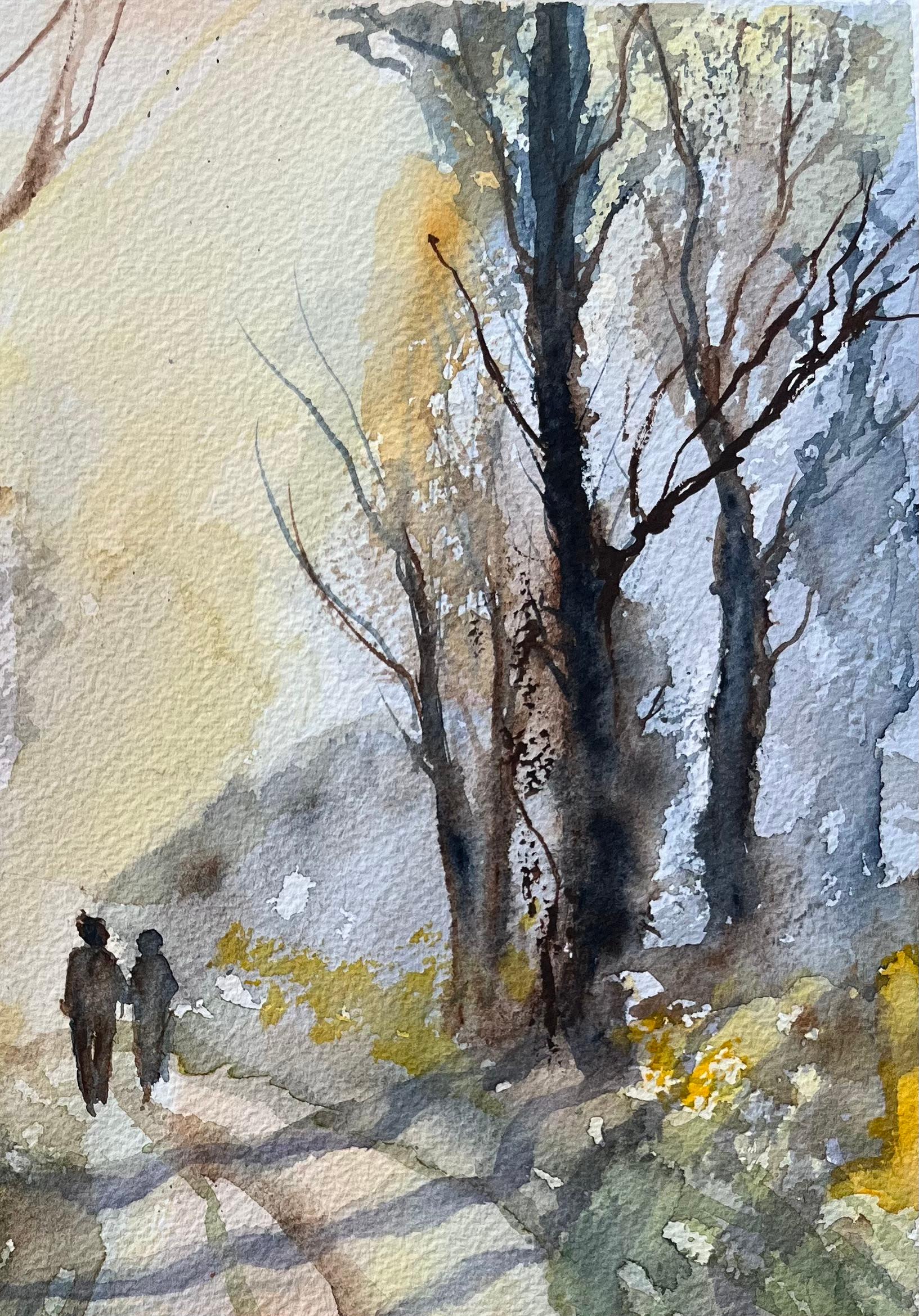 British Watercolor Landscape with Two Figures on a Country Path at Sunrise - Gray Landscape Painting by Anthony Avery