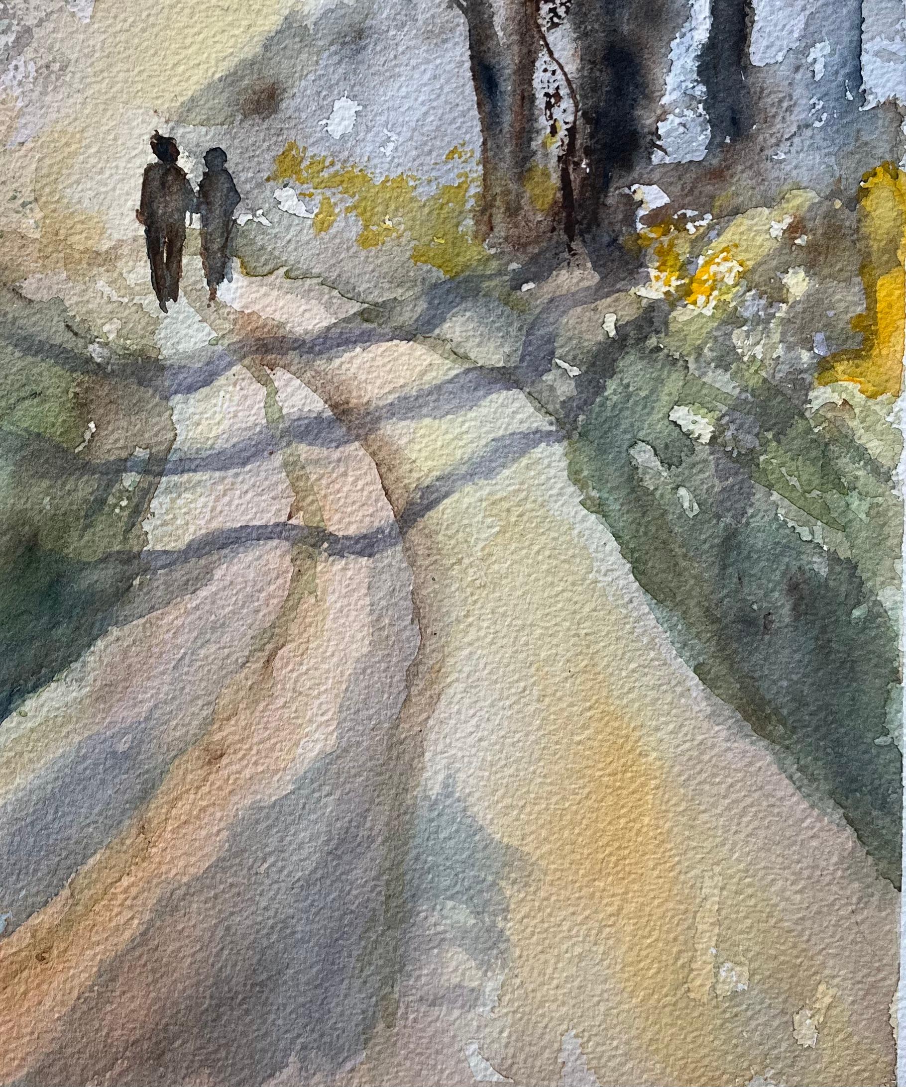Title: British Watercolor Landscape with Two Figures on a Country Path at Sunrise
By Anthony Avery (British 1946-2023)
Original watercolor on artists paper, unframed
Dimensions: 15 x 15.25 inches (Height x Width)
Condition: Good, with some minor