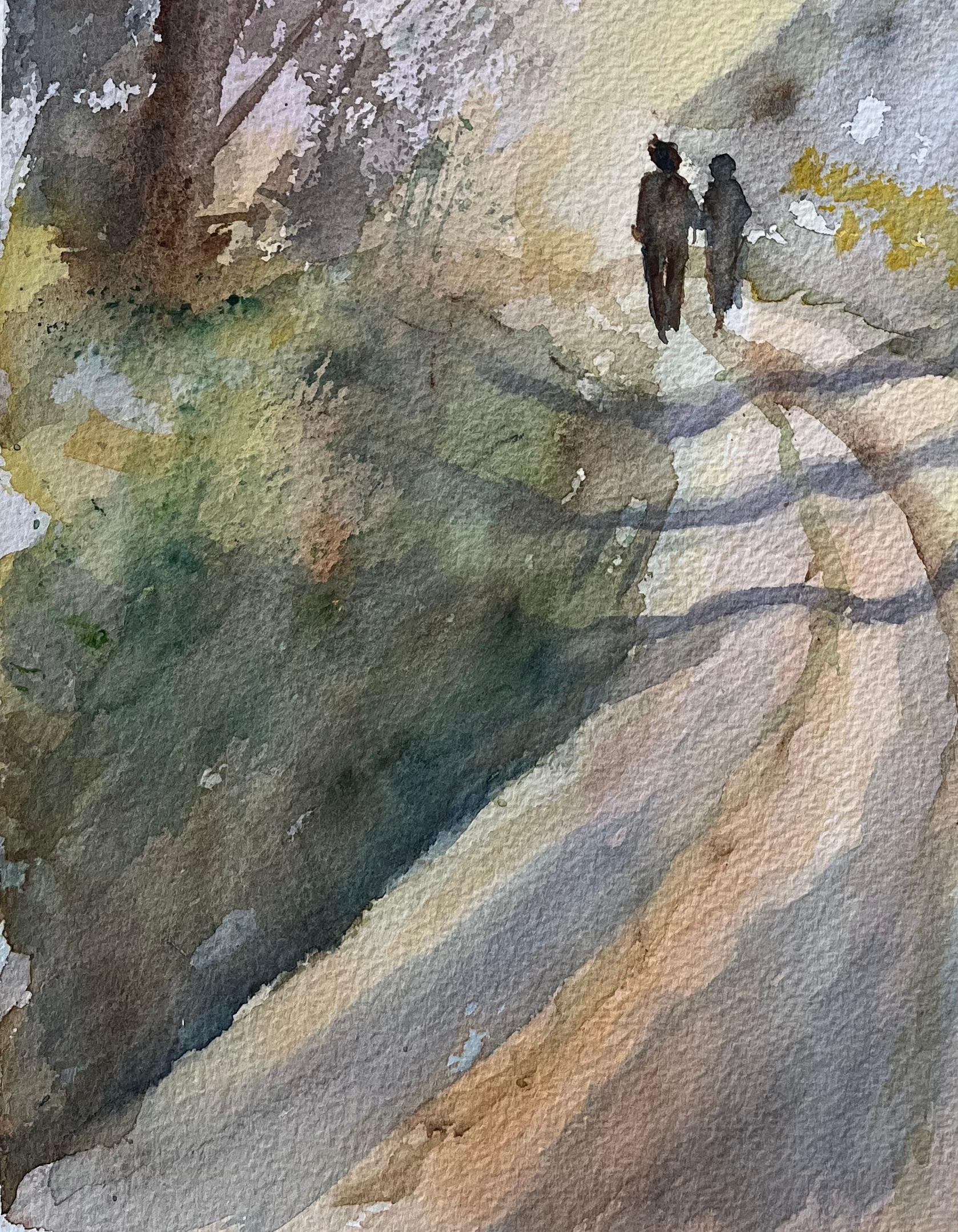 British Watercolor Landscape with Two Figures on a Country Path at Sunrise For Sale 1