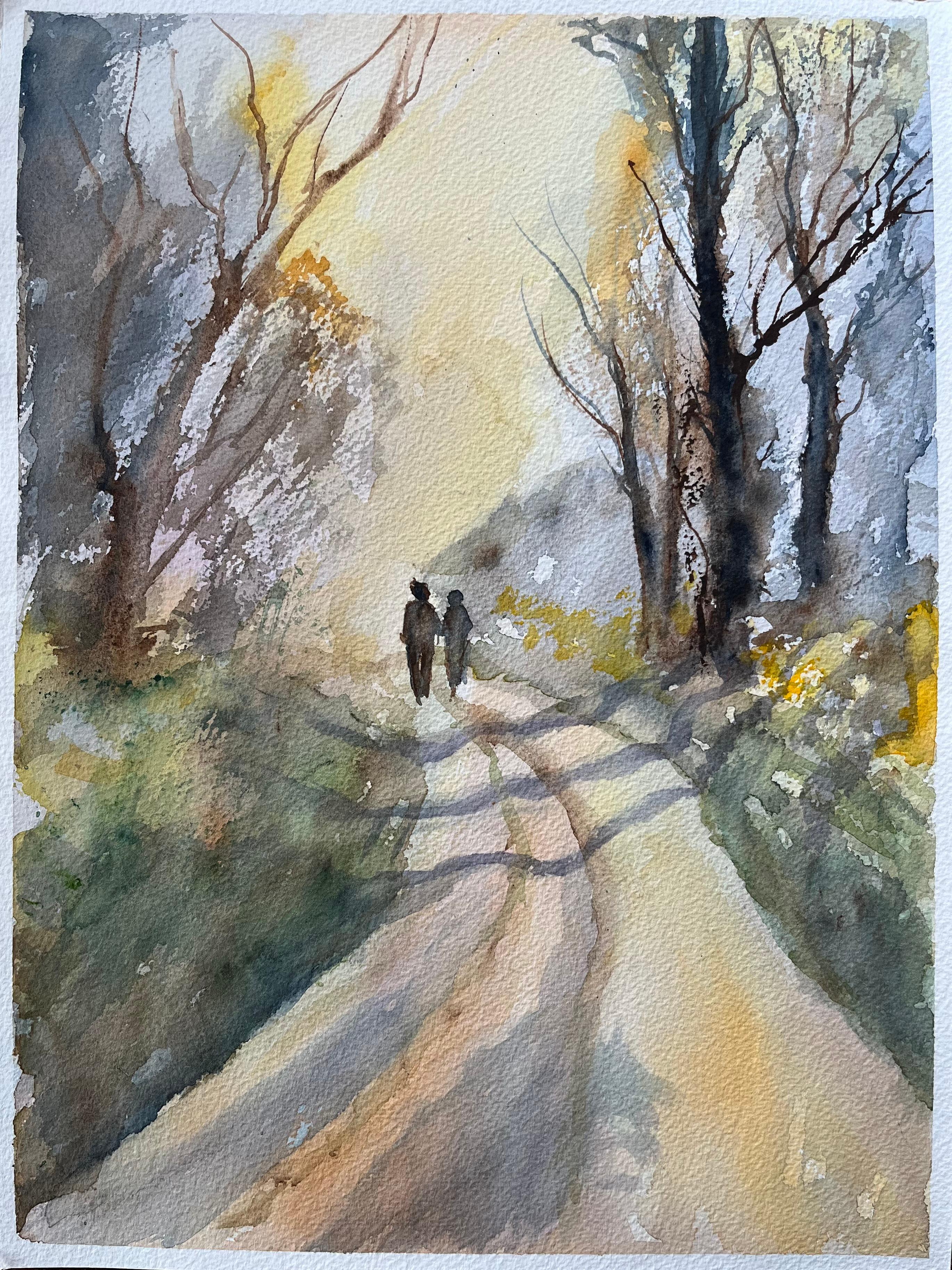 British Watercolor Landscape with Two Figures on a Country Path at Sunrise