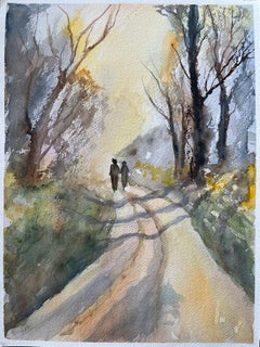 British Watercolor Landscape with Two Figures on a Country Path at Sunrise