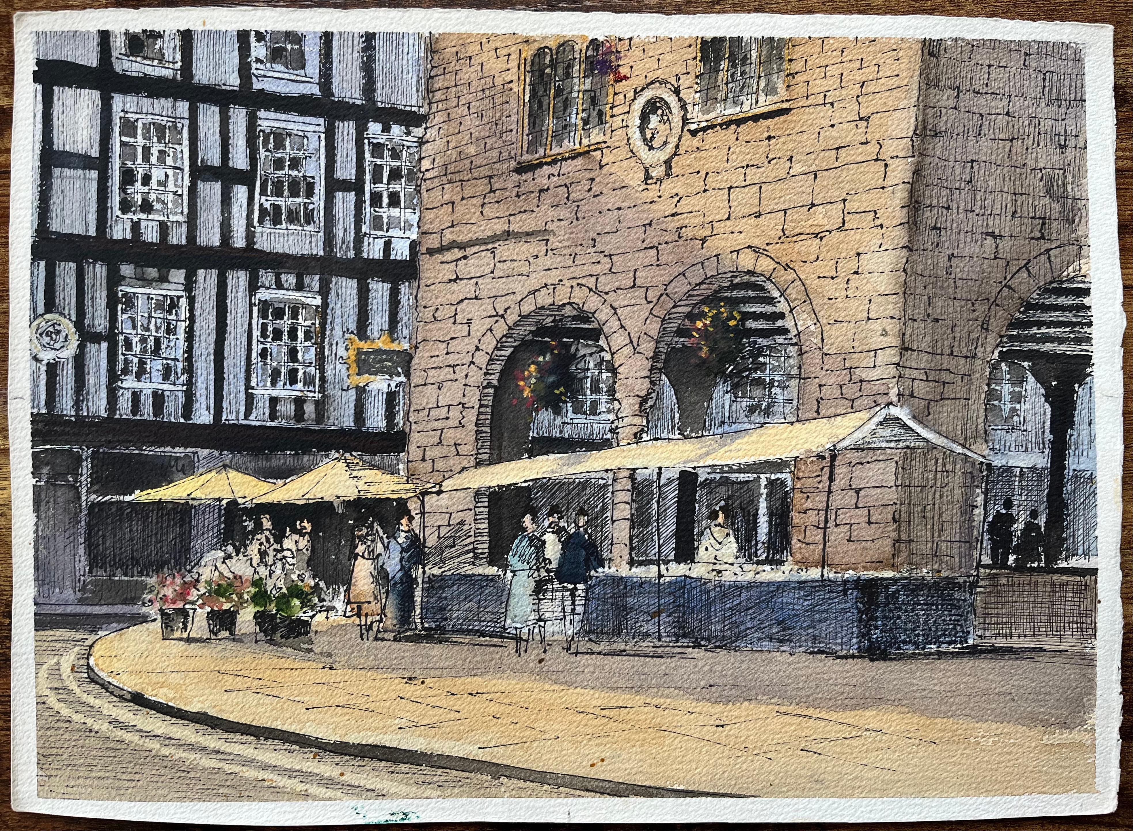 Escena de mercado en acuarela británica con fachada de edificio histórico - Painting de Anthony Avery