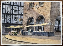 Britische Aquarell-Marktsszene mit historischem Gebäudefakat
