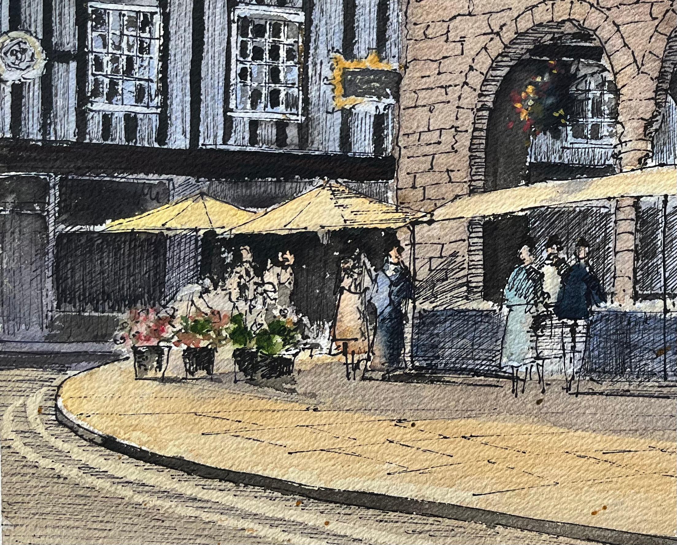 Escena de mercado en acuarela británica con fachada de edificio histórico - Painting Impresionista de Anthony Avery