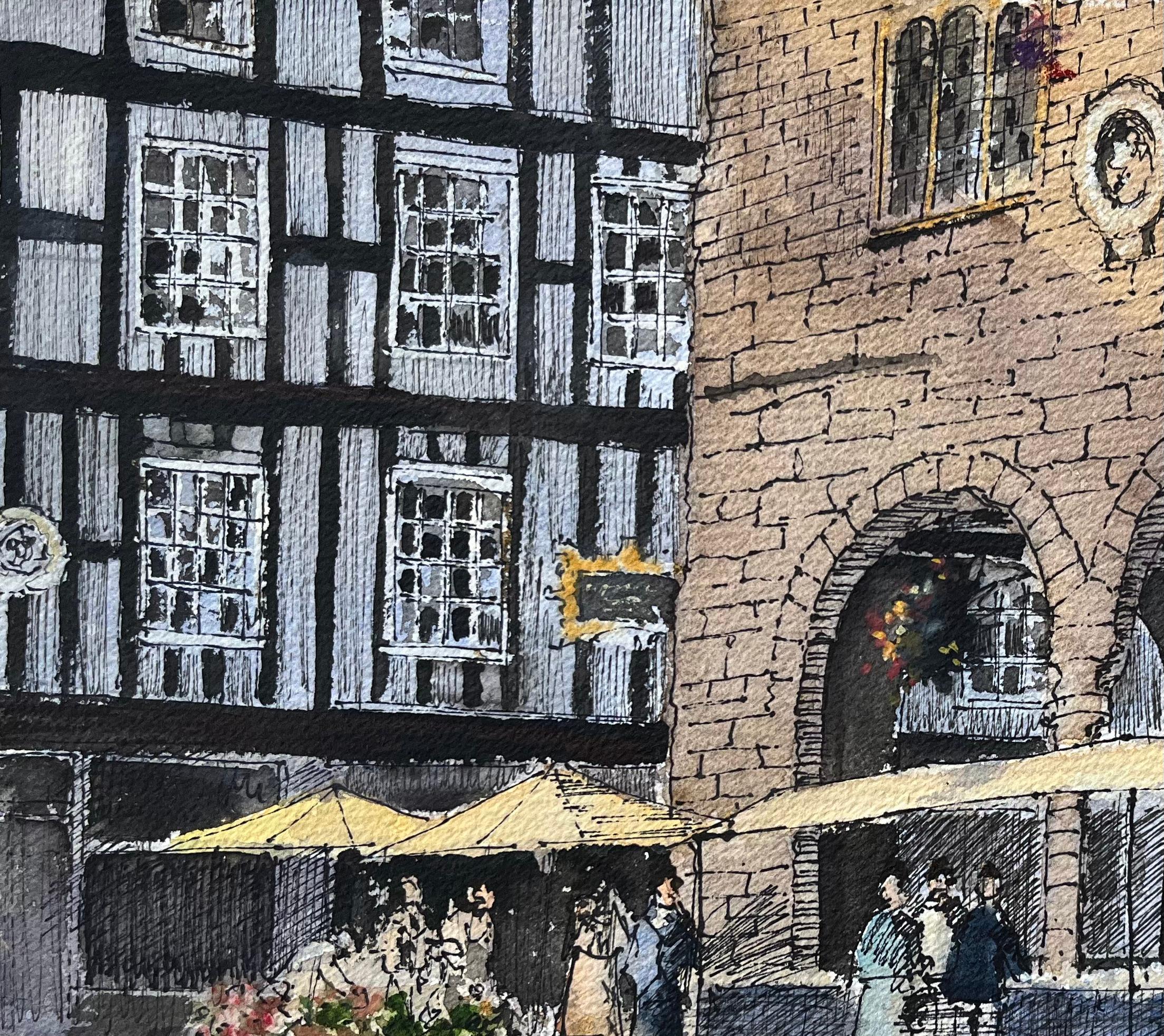 Escena de mercado en acuarela británica con fachada de edificio histórico - Landscape Painting Marrón de Anthony Avery