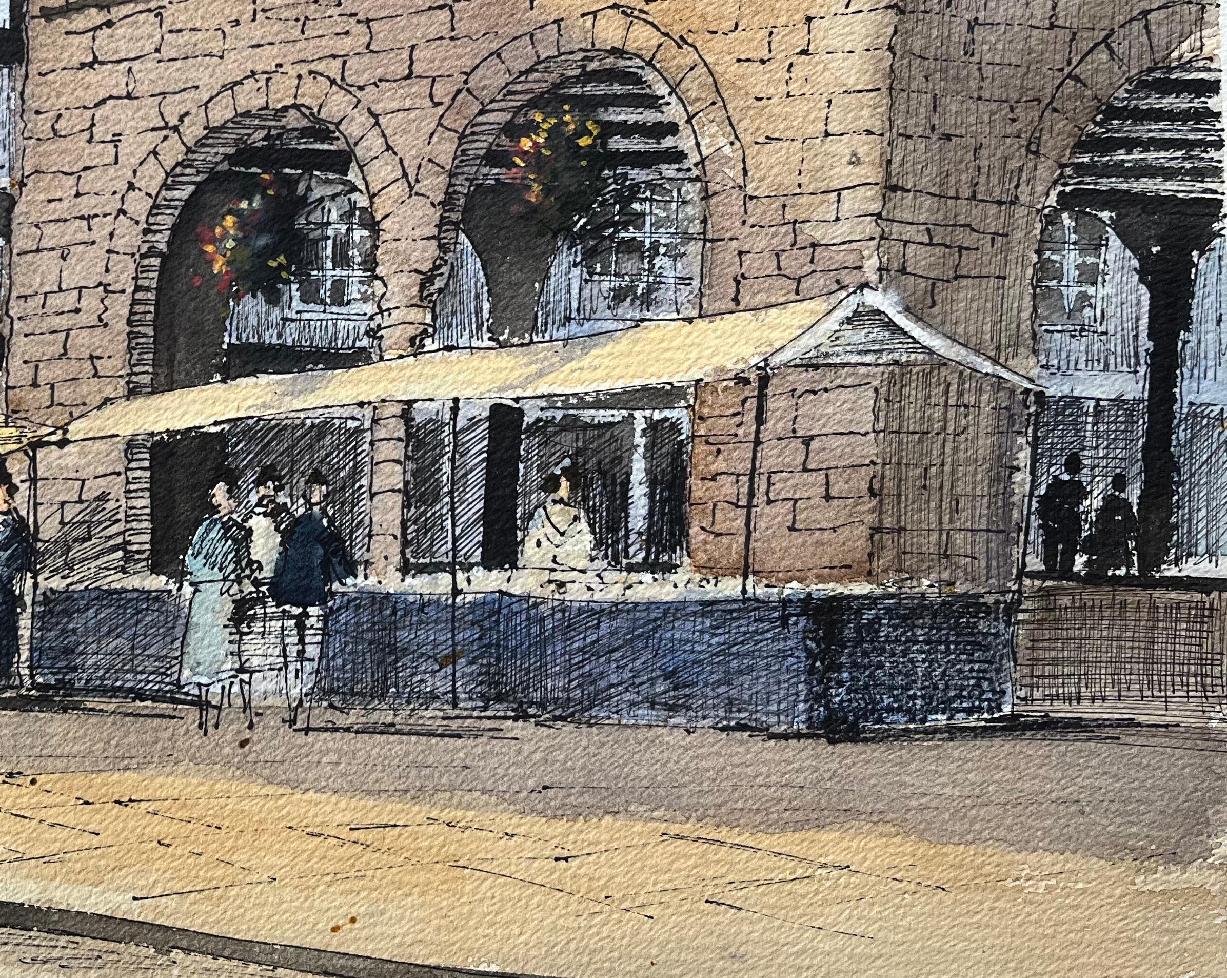Título: Escena de mercado en acuarela británica con fachada de edificio histórico
Por Anthony Avery (británico 1946-2023)
Acuarela original sobre papel de artista, sin enmarcar
Dimensiones: 11,25 x 15,25 pulgadas (Alto x Ancho)
Estado: Bueno, con