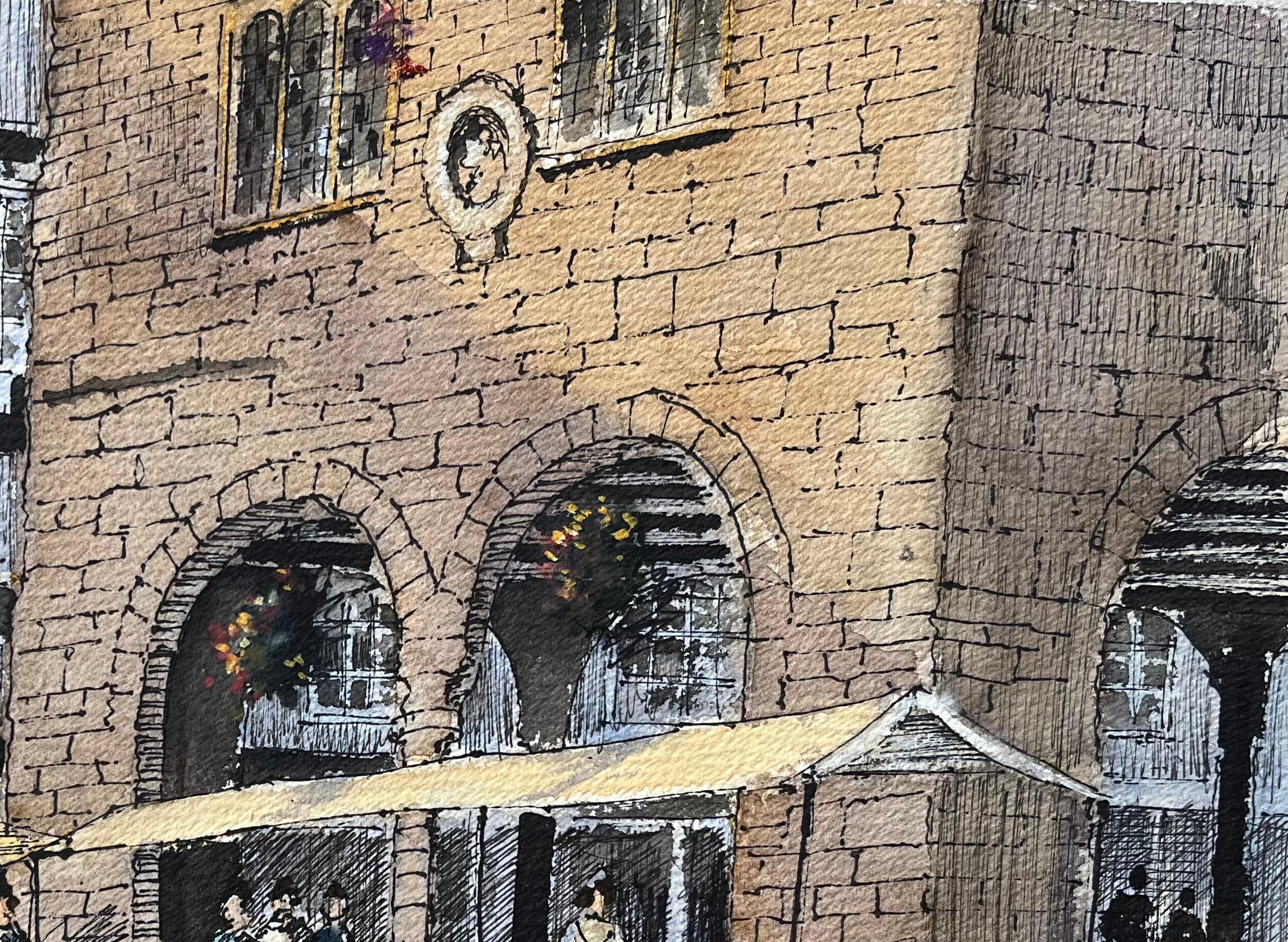 Escena de mercado en acuarela británica con fachada de edificio histórico en venta 1