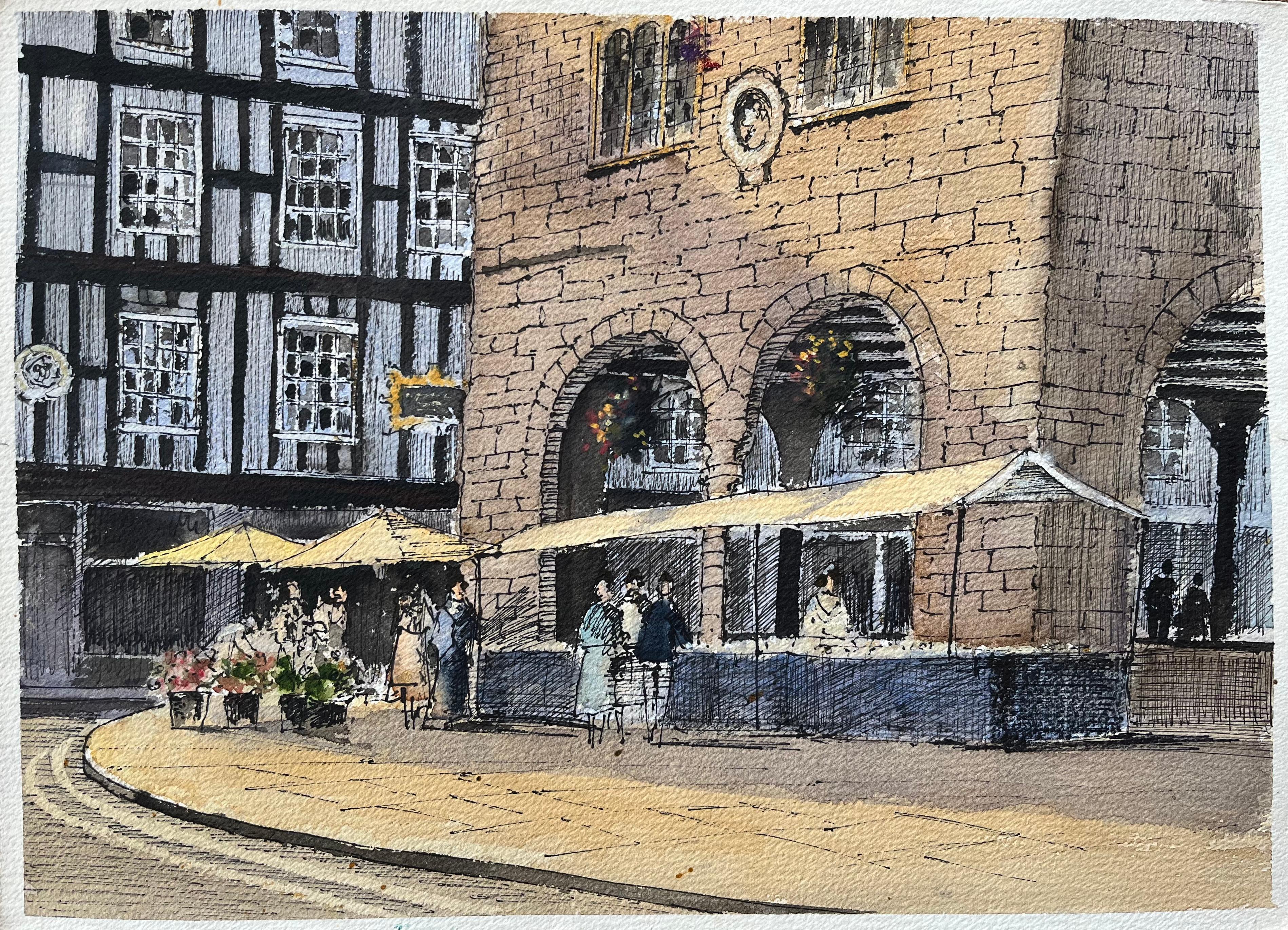 Landscape Painting de Anthony Avery - Escena de mercado en acuarela británica con fachada de edificio histórico