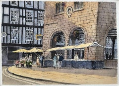 British Watercolor Market Scene with Historic Building Facade