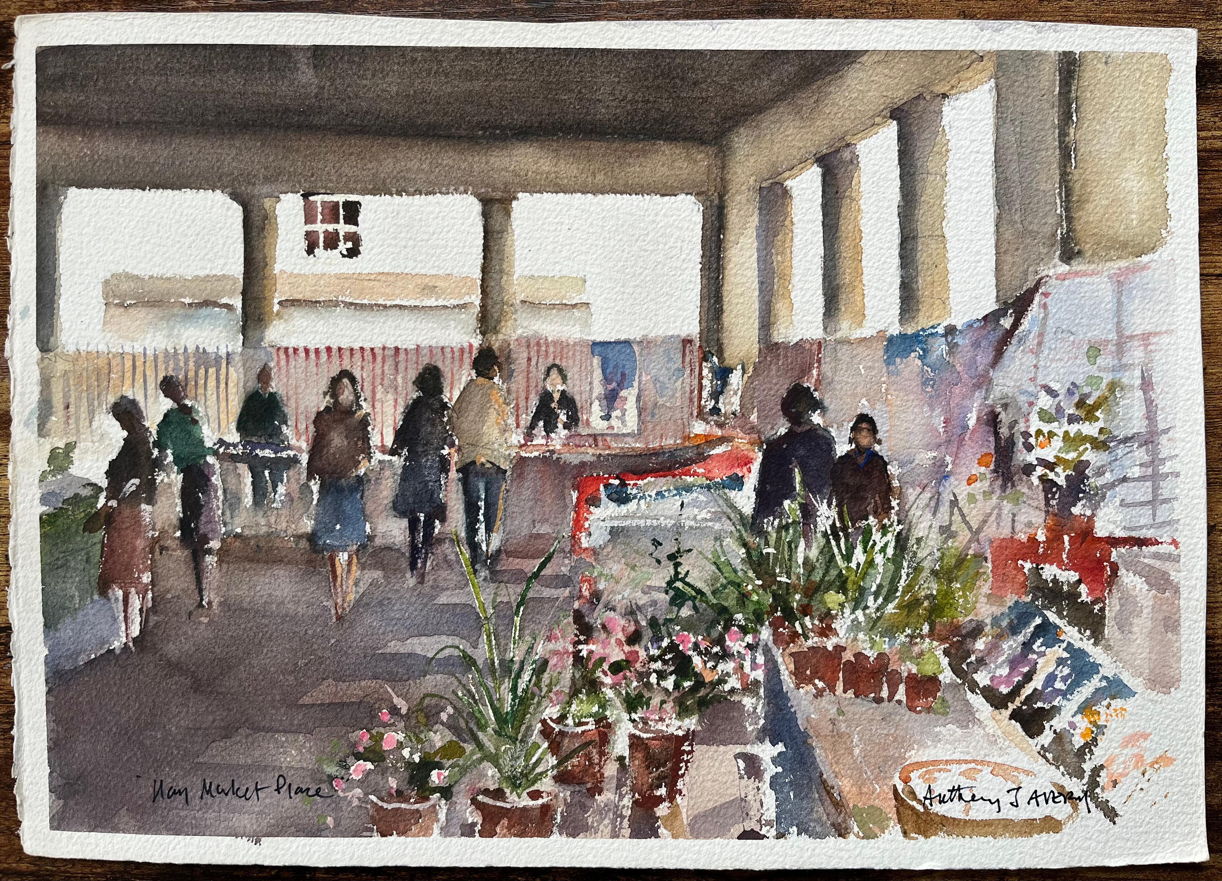 Acuarela británica de un bullicioso puesto de flores en el mercado de Hay - Painting de Anthony Avery