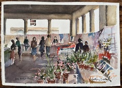 Britisches Aquarell eines belebten Blumenständers am Hay Market Place, Britisches Aquarell