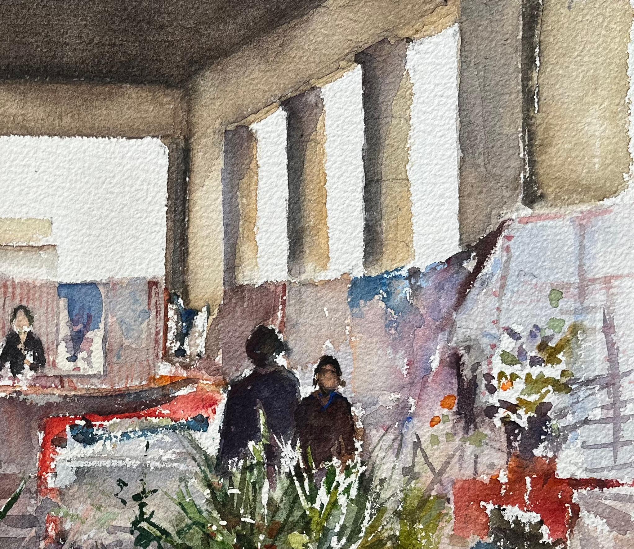 Acuarela británica de un bullicioso puesto de flores en el mercado de Hay - Painting Impresionista de Anthony Avery