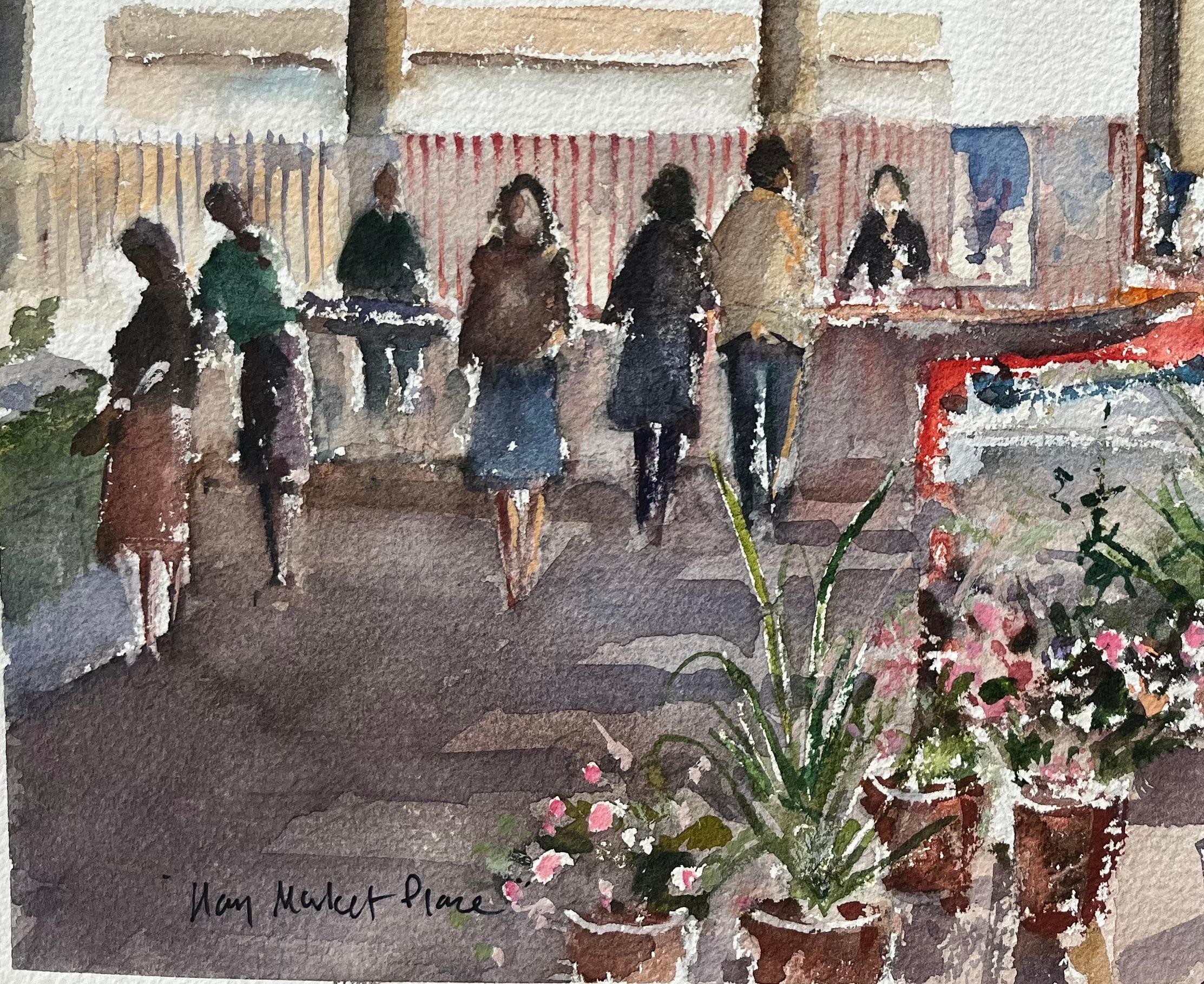 Acuarela británica de un bullicioso puesto de flores en el mercado de Hay - Landscape Painting Gris de Anthony Avery