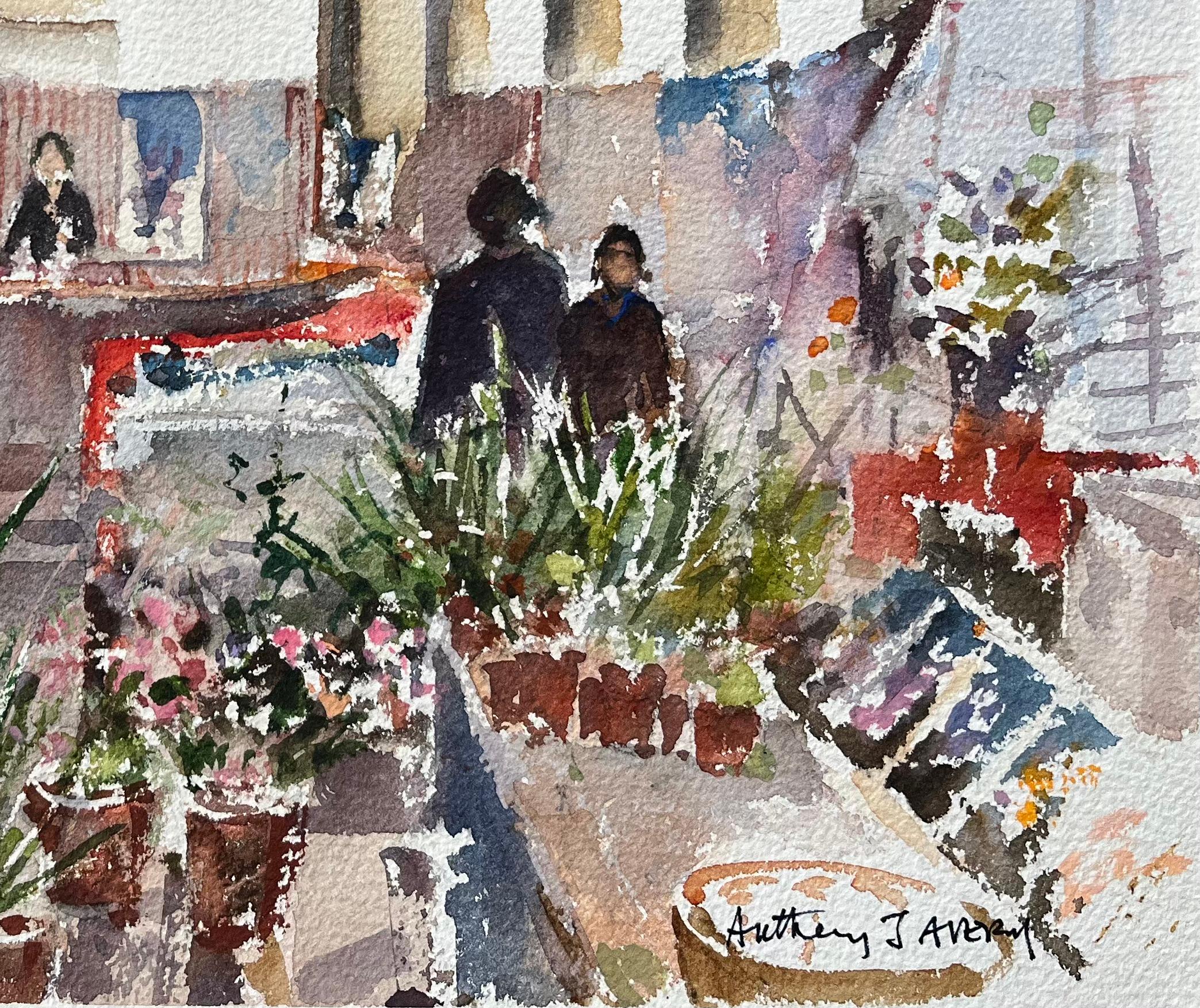 Título: Acuarela británica de un bullicioso puesto de flores en el mercado de Hay
Por Anthony Avery (británico 1946-2023)
Acuarela original sobre papel de artista, sin enmarcar
Firmado: Sí
Dimensiones: 10,75 x 15,5 pulgadas (Alto x Ancho)
Estado:
