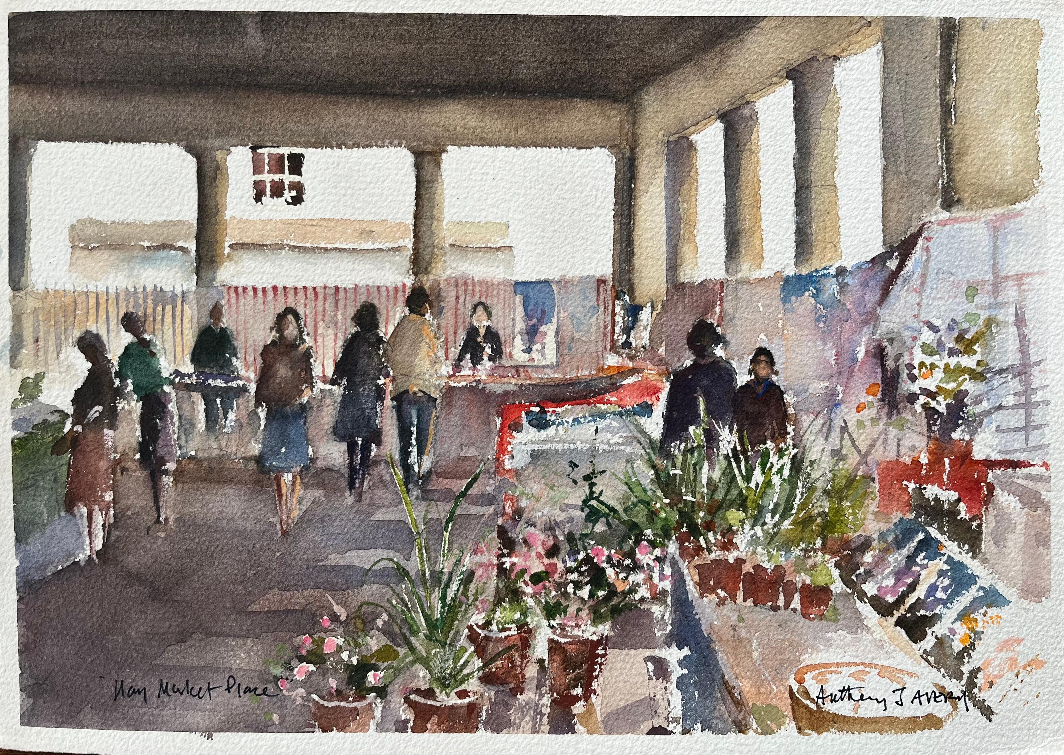 Landscape Painting de Anthony Avery - Acuarela británica de un bullicioso puesto de flores en el mercado de Hay