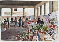 British Watercolor of a Bustling Flower Stalls at Hay Market Place
