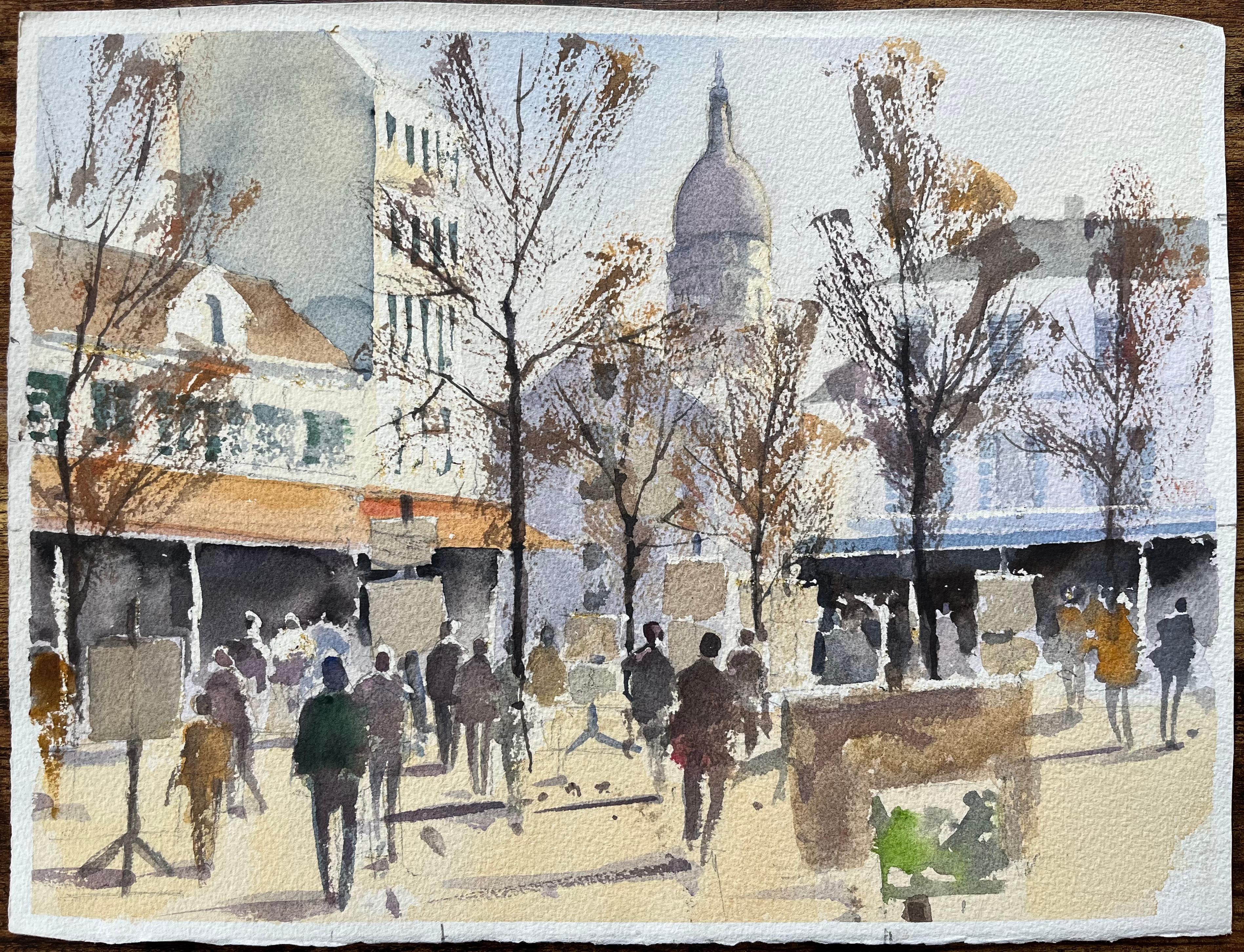 Acuarela británica de una bulliciosa escena callejera de Montmartre con el Sacré-Cœur - Painting de Anthony Avery