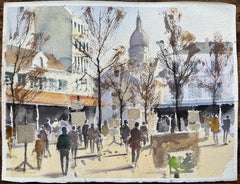 Aquarelle britannique d'une scène de rue animée de Montmartre avec le Sacré-Cœur