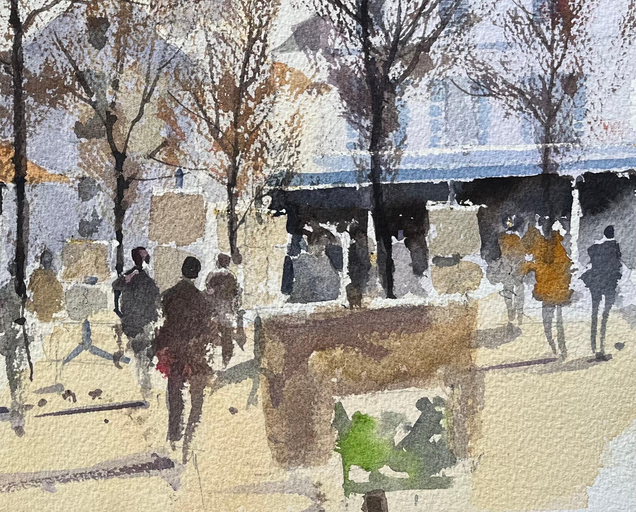 Acuarela británica de una bulliciosa escena callejera de Montmartre con el Sacré-Cœur - Painting Impresionista de Anthony Avery