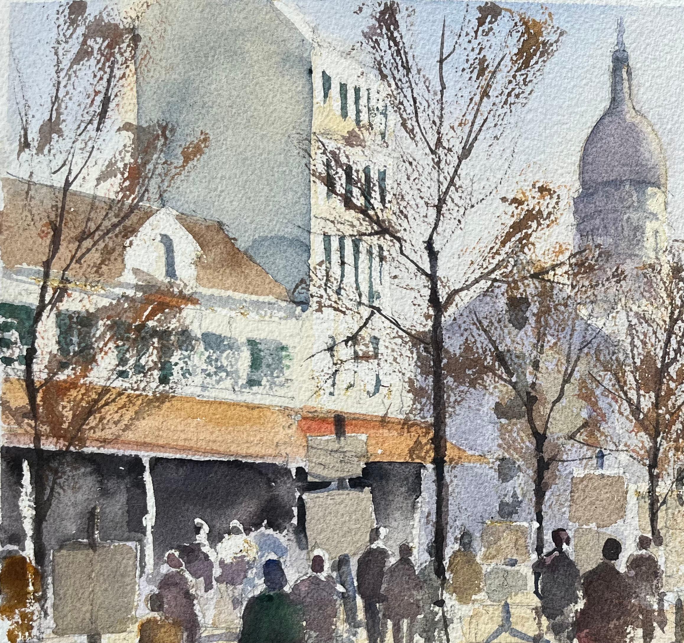 Título: Acuarela británica de una bulliciosa escena callejera de Montmartre con el Sacré-Cœur
Por Anthony Avery (británico 1946-2023)
Acuarela original sobre papel de artista, sin enmarcar
Dimensiones: 11,25 x 15 pulgadas (Alto x Ancho)
Estado: