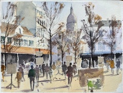 British Watercolor of a Bustling Montmartre Street Scene with Sacré-Cœur