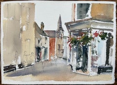 British Watercolor of a Clock Tower and Village Street Scene with Figures