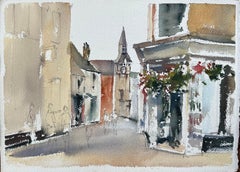 Aquarelle britannique d'une scène de tour et de rue d'un village avec des personnages