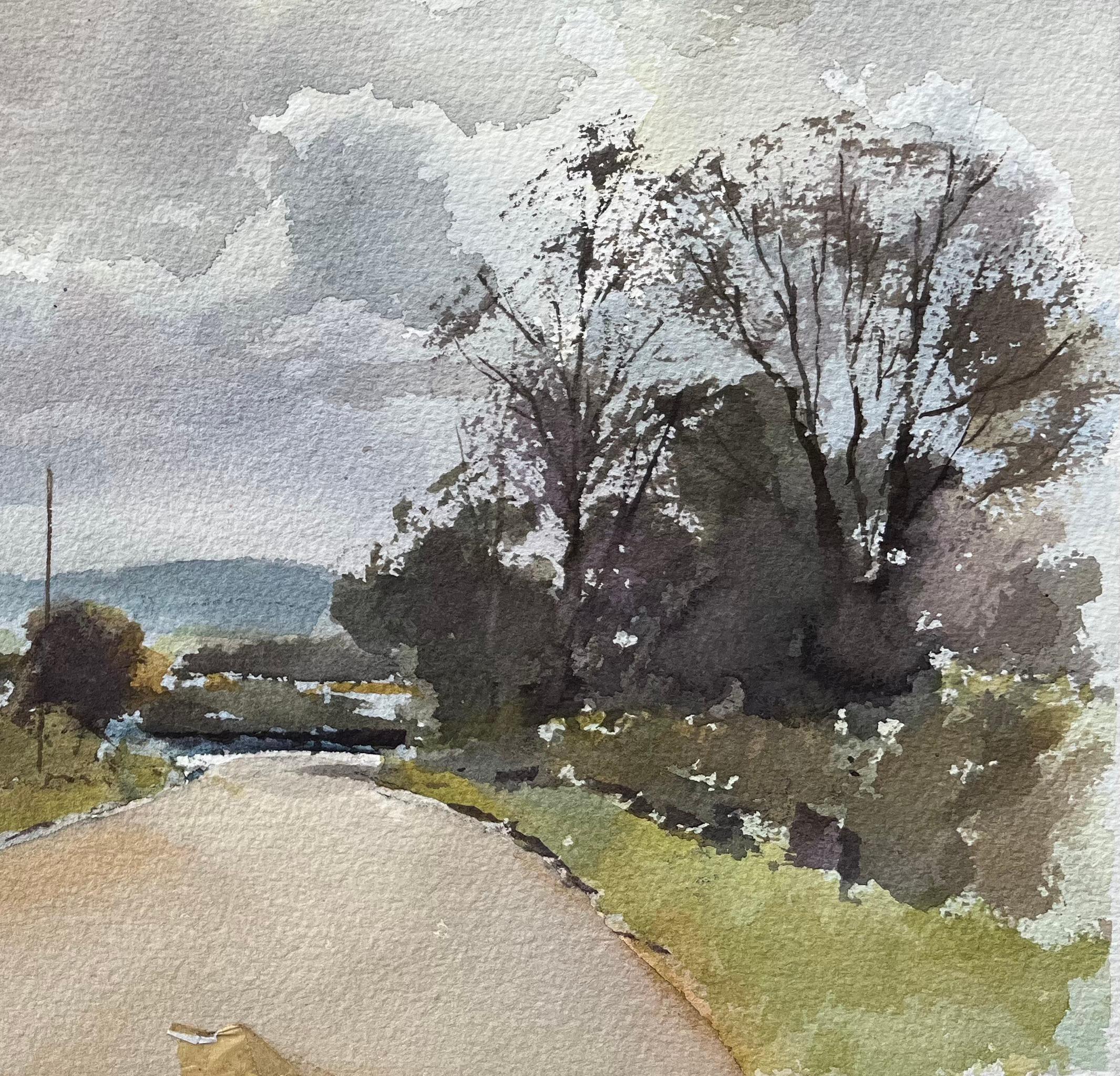 British Watercolor of a Countryside Road Under Dramatic Clouds - Impressionist Painting by Anthony Avery