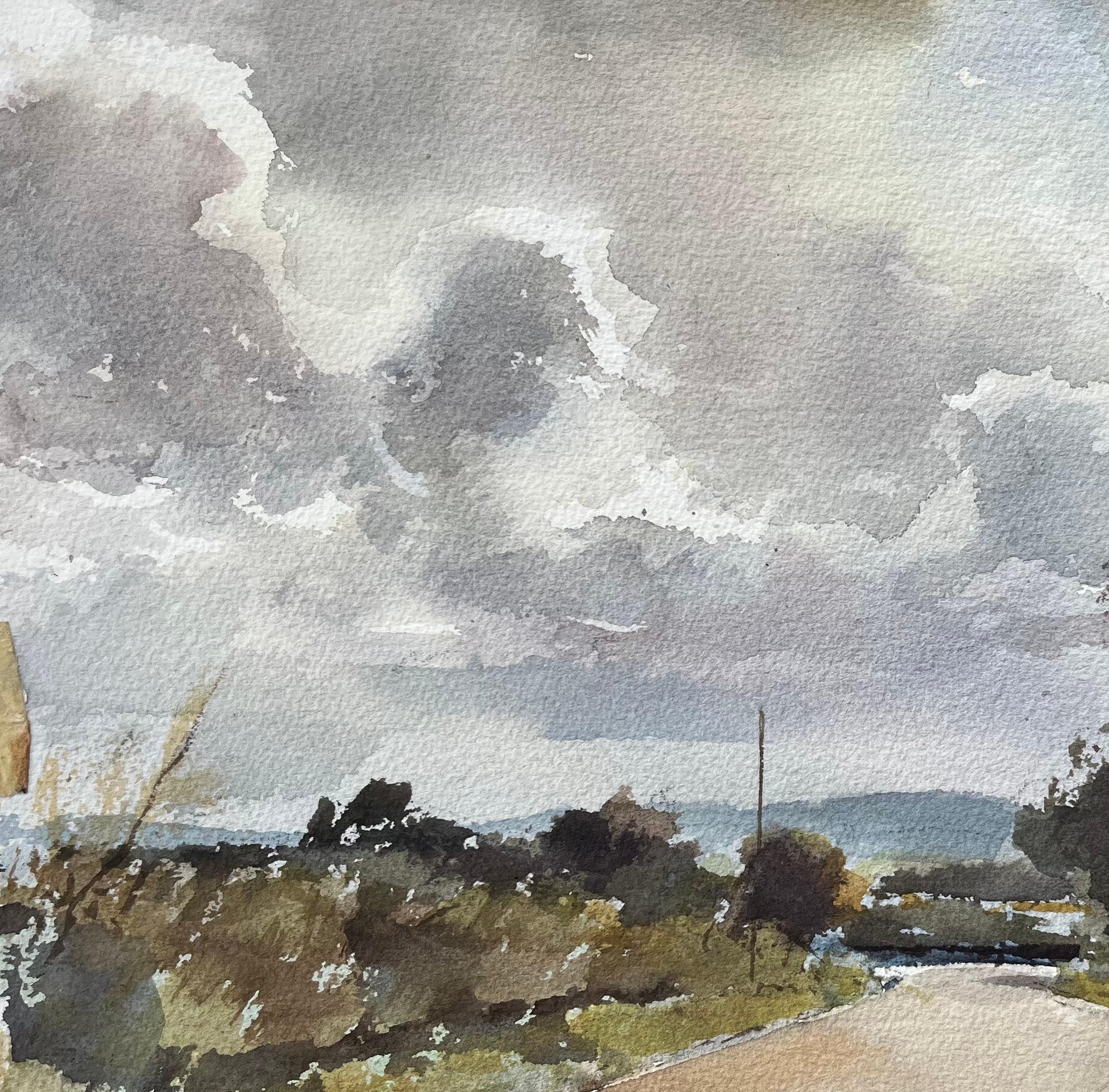 British Watercolor of a Countryside Road Under Dramatic Clouds For Sale 1