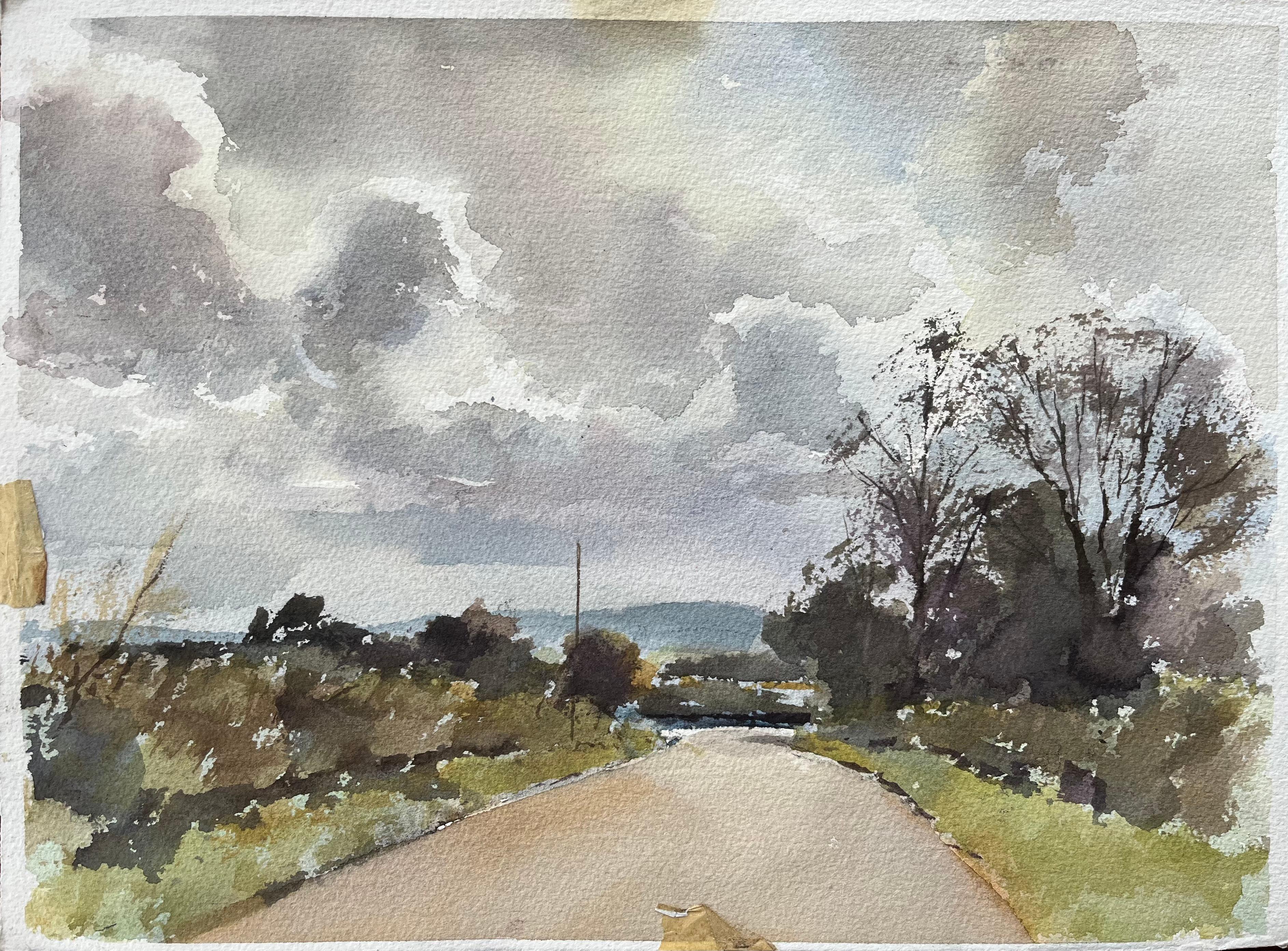 Anthony Avery Landscape Painting - British Watercolor of a Countryside Road Under Dramatic Clouds