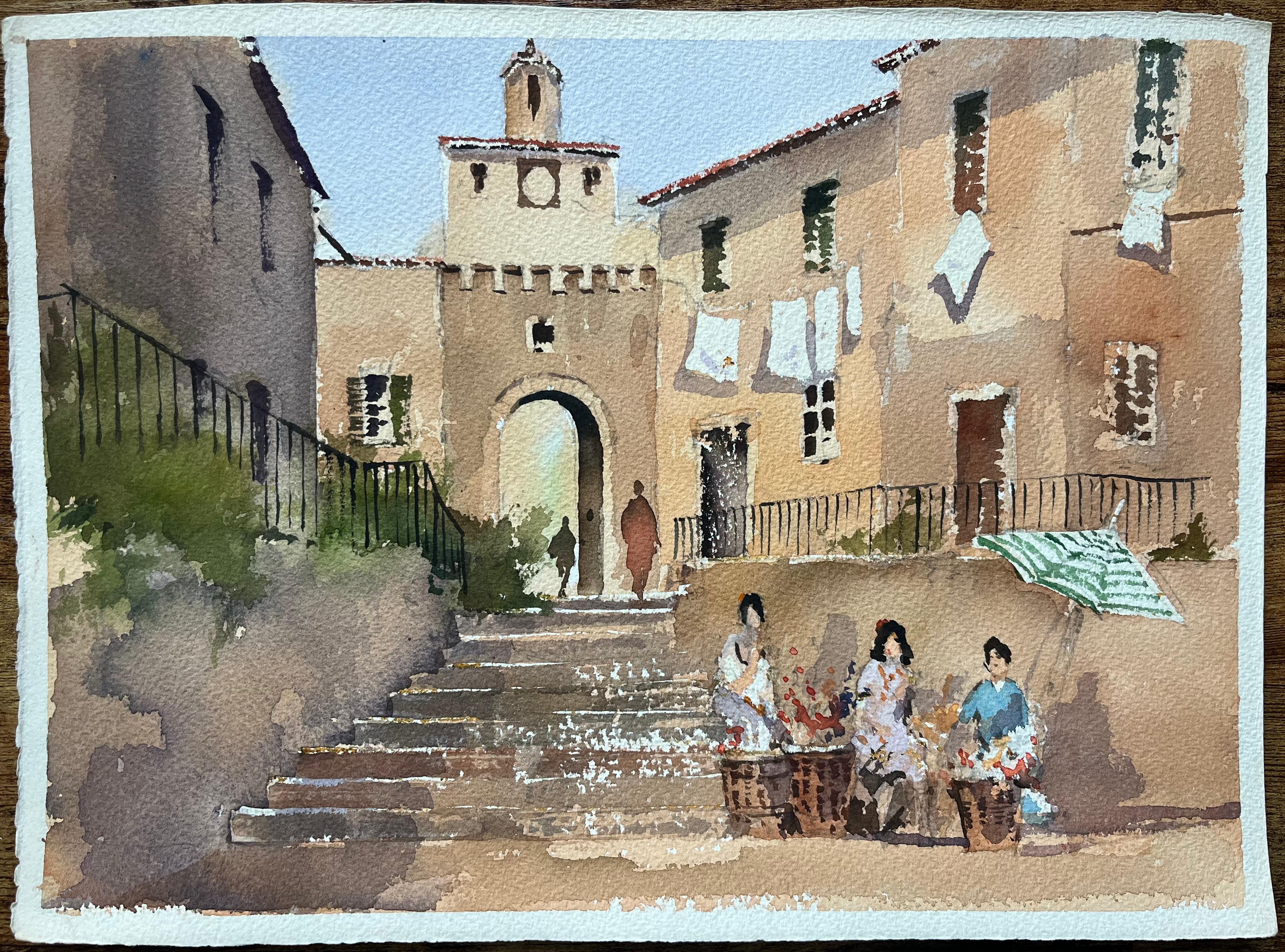 British Watercolor of a Market Scene with Arched Gate and Flower Sellers - Painting by Anthony Avery