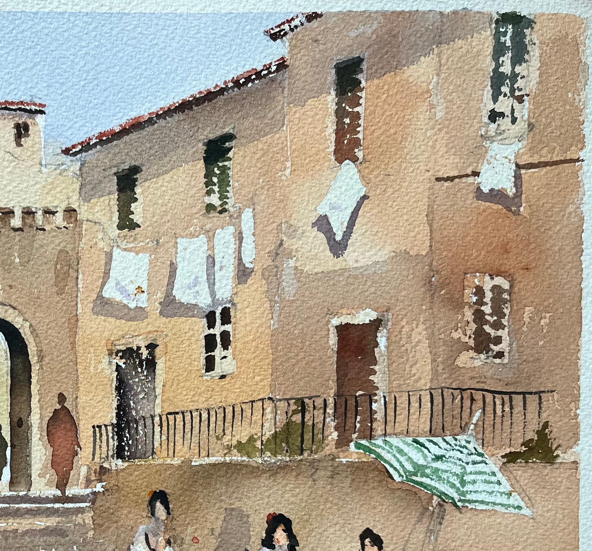 British Watercolor of a Market Scene with Arched Gate and Flower Sellers - Impressionist Painting by Anthony Avery