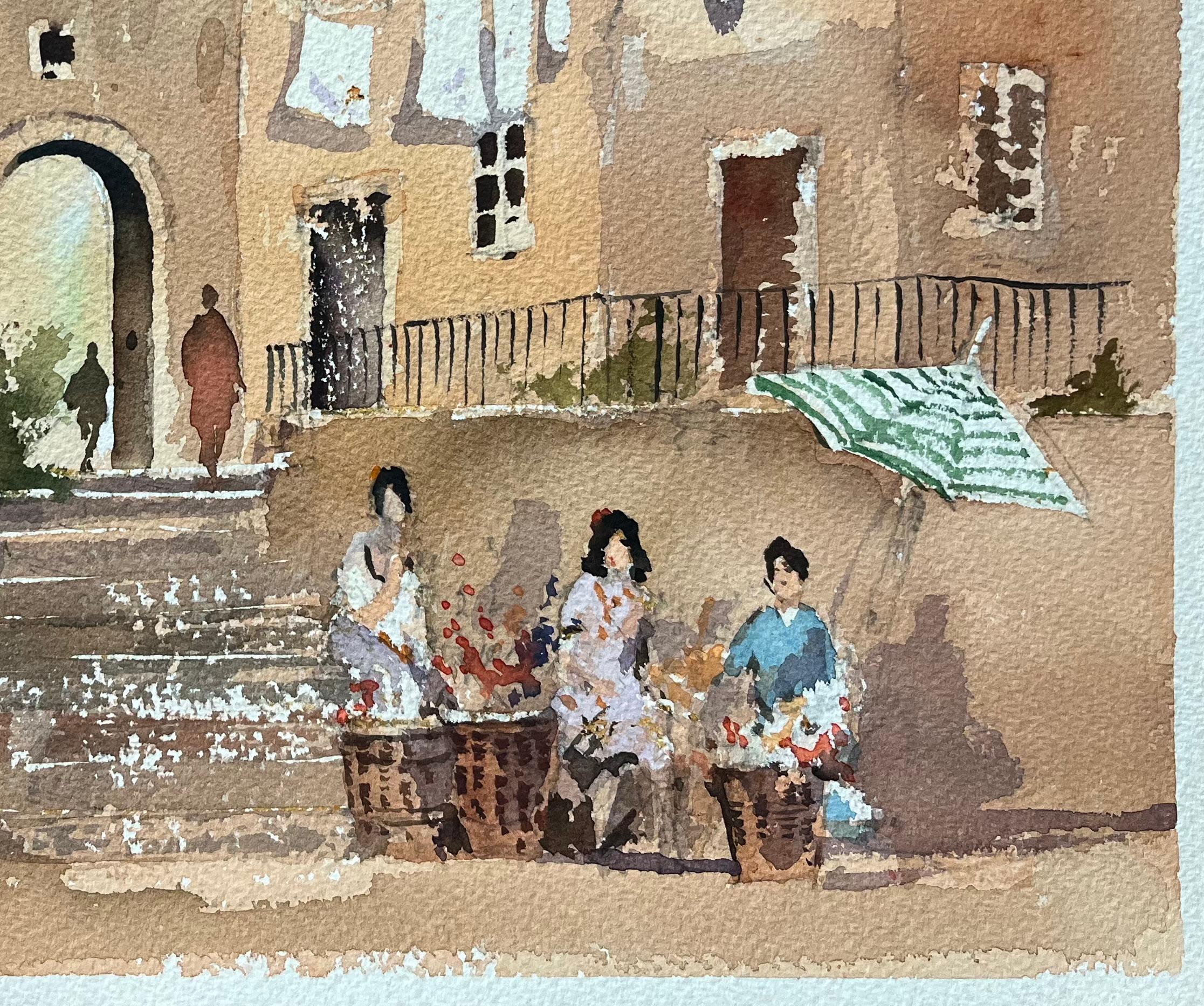 British Watercolor of a Market Scene with Arched Gate and Flower Sellers - Gray Landscape Painting by Anthony Avery