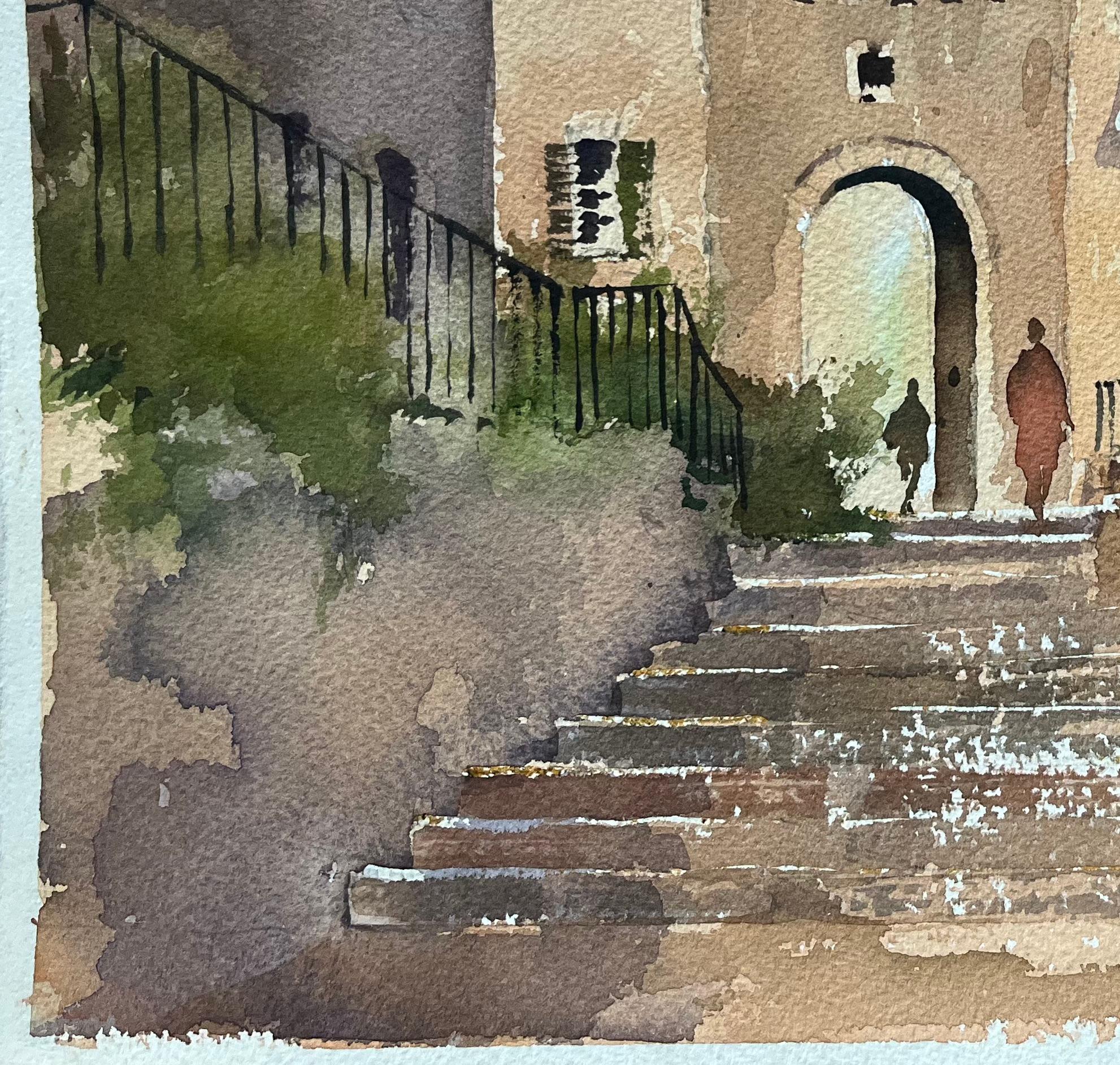 Title: British Watercolor of a Market Scene with Arched Gate and Flower Sellers
By Anthony Avery (British 1946-2023)
Original watercolor on artists paper, unframed
Dimensions: 11 x 15.25 inches (Height x Width)
Condition: Good, with some minor signs