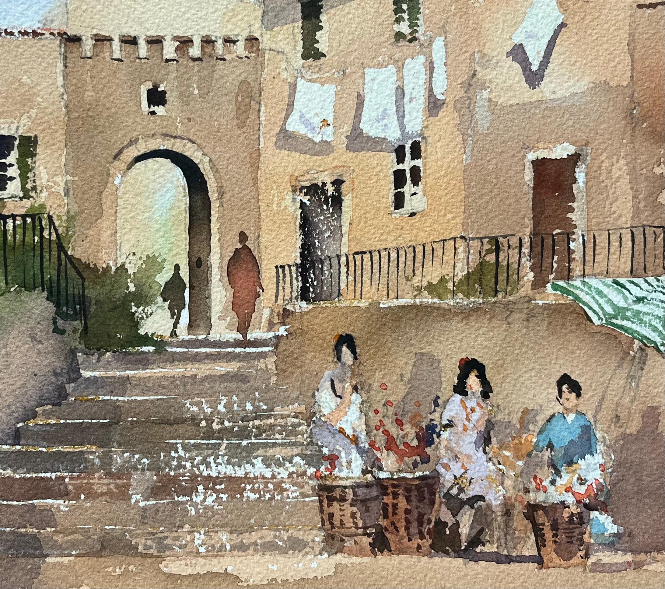 British Watercolor of a Market Scene with Arched Gate and Flower Sellers For Sale 2