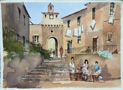 Aquarelle britannique d'une scène de marché avec porte cintrée et vendeurs de fleurs