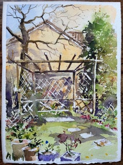 British Watercolor of a Quaint Garden with Trellis and Blossoms